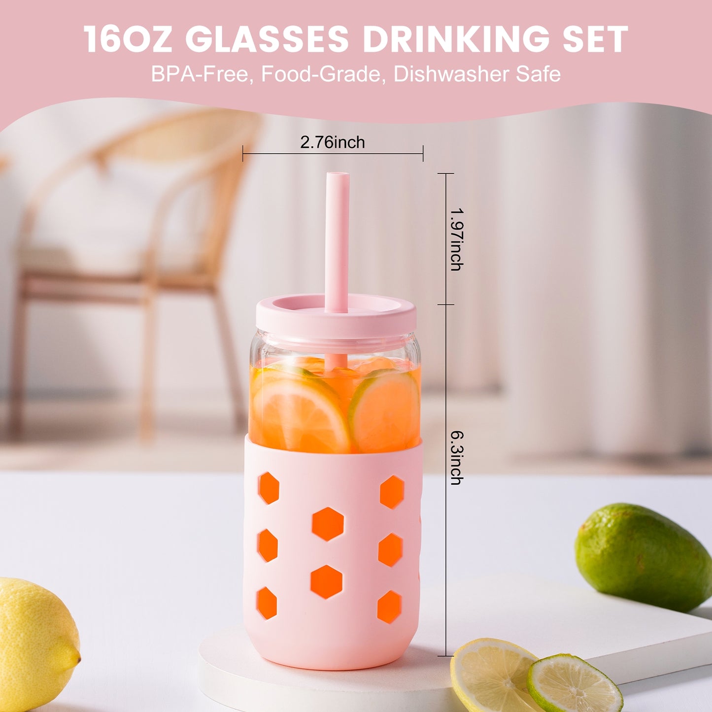 Mrsdry Glass Cups with Silicone Lids and Straws (4 Pcs), 16oz Drinking Glasses Set with Silicone Sleeves for Coffee Bar Accessories Iced Coffee Cups with Lids, Glass Tumbler Reusable for Gifts