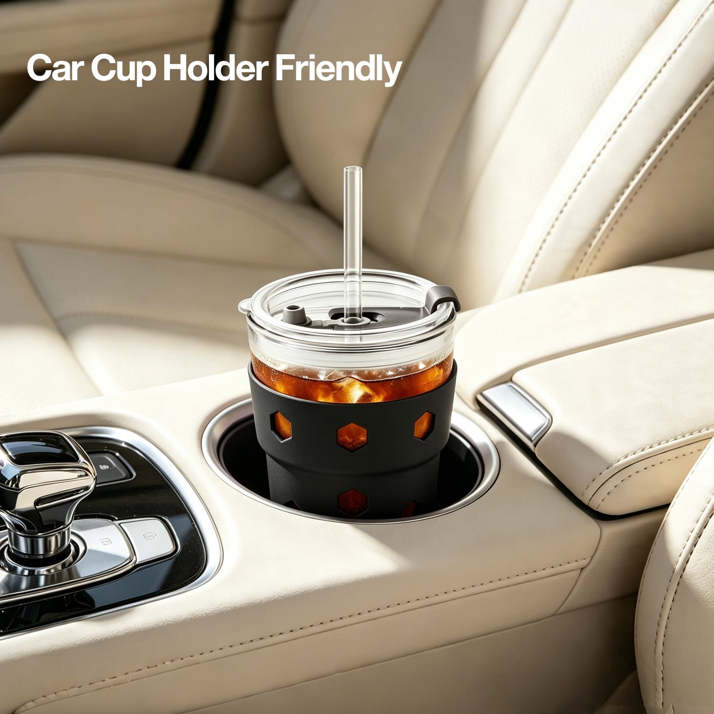 Mrsdry 12oz Iced Coffee Cup with Lids and Silicone Sleeves, Reusable Glass Tumbler with Straw, Leakproof Travel Glass Cups Fits Car Cup Holder for Cold and Hot Drinks