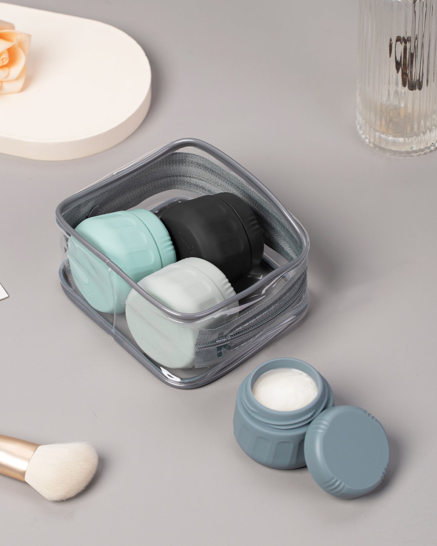 Mrsdry Travel Containers for Toiletries, TSA Approved Travel Size Toiletries 4 Pack, Refillable Containers, With Clear Bag, Leak Proof Silicone Jars, Essentials Creams Jars Carrying Small Items