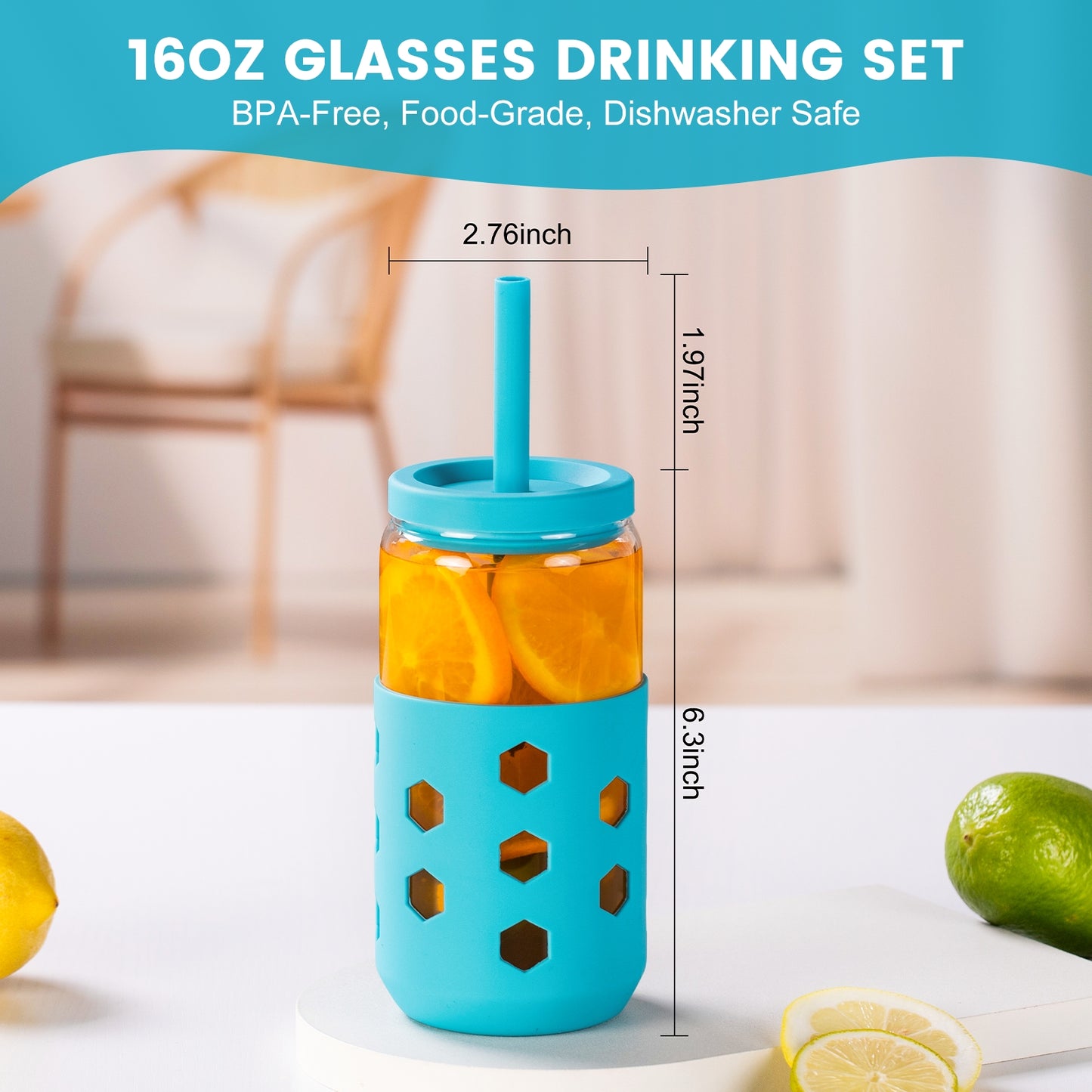 Mrsdry Glass Cups with Silicone Lids and Straws (4 Pcs), 16oz Drinking Glasses Set with Silicone Sleeves for Coffee Bar Accessories Iced Coffee Cups with Lids, Glass Tumbler Reusable for Gifts