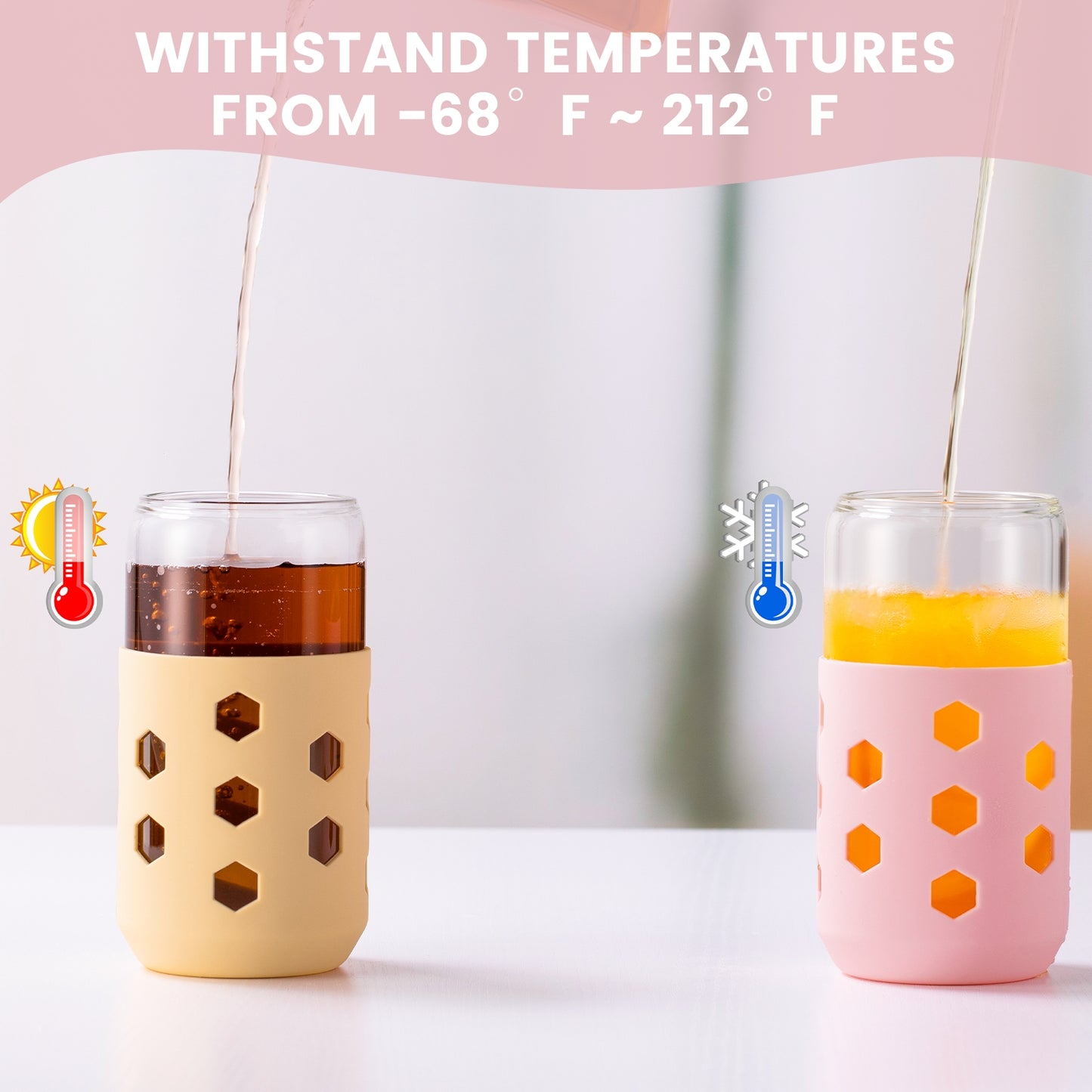 Mrsdry Glass Cups with Silicone Lids and Straws (4 Pcs), 16oz Drinking Glasses Set with Silicone Sleeves for Coffee Bar Accessories Iced Coffee Cups with Lids, Glass Tumbler Reusable for Gifts