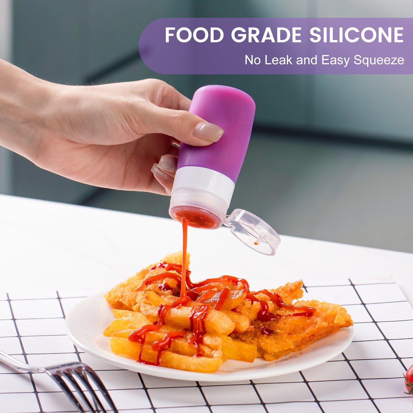 Mrsdry Condiment Squeeze Bottles for Sauces, 2-oz Mini Silicone Salad Dressing Container to Go with Snack Storage Bag, Leakproof Sauce Bottles for Lunch Box, 4 Pack, Purple