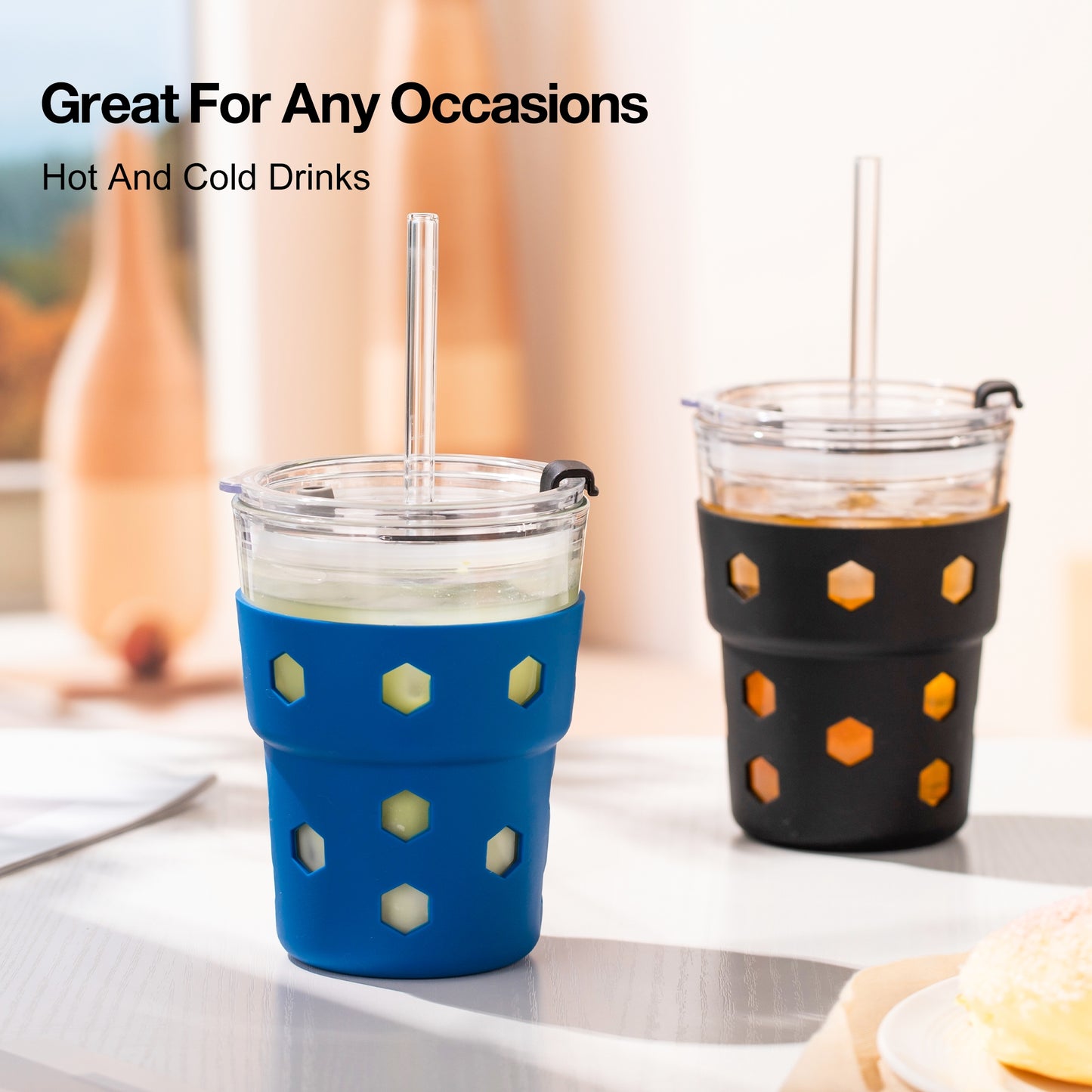 Mrsdry 12oz Iced Coffee Cup with Lids and Silicone Sleeves, Reusable Glass Tumbler with Straw, Leakproof Travel Glass Cups Fits Car Cup Holder for Cold and Hot Drinks