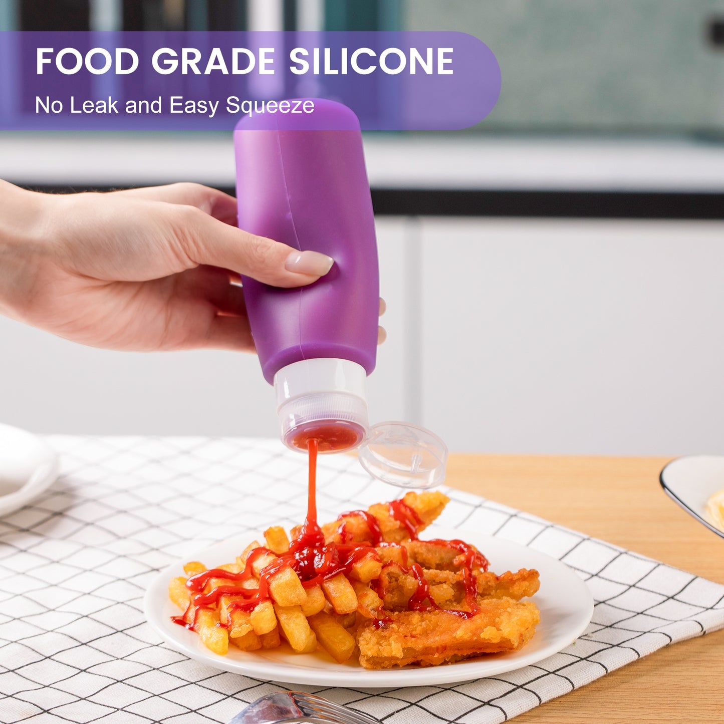 Mrsdry Condiment Squeeze Bottles for Sauces, 6-oz Small Silicone Salad Dressing Container to Go with Snack Storage Bag, Leakproof Sauce Bottles for Lunch Box, 4 Pack, Purple