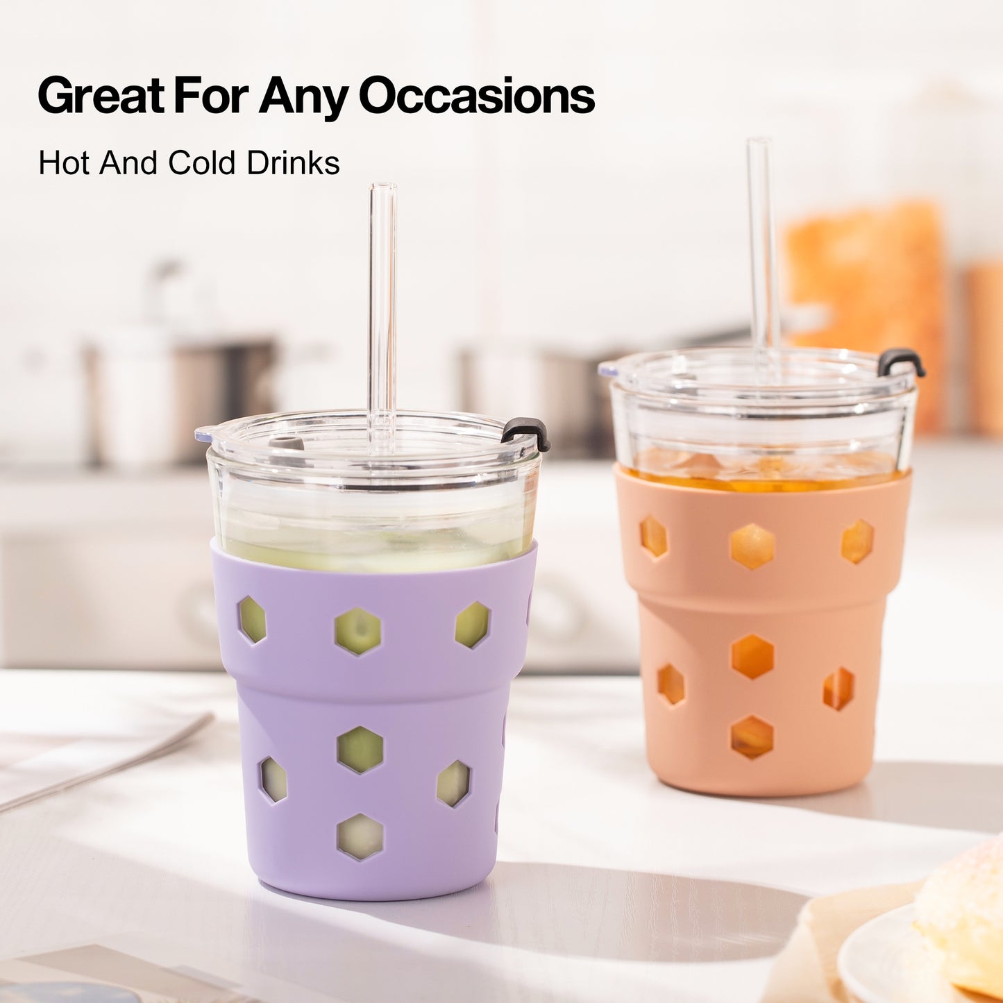 Mrsdry 12oz Iced Coffee Cup with Lids and Silicone Sleeves, Reusable Glass Tumbler with Straw, Leakproof Travel Glass Cups Fits Car Cup Holder for Cold and Hot Drinks