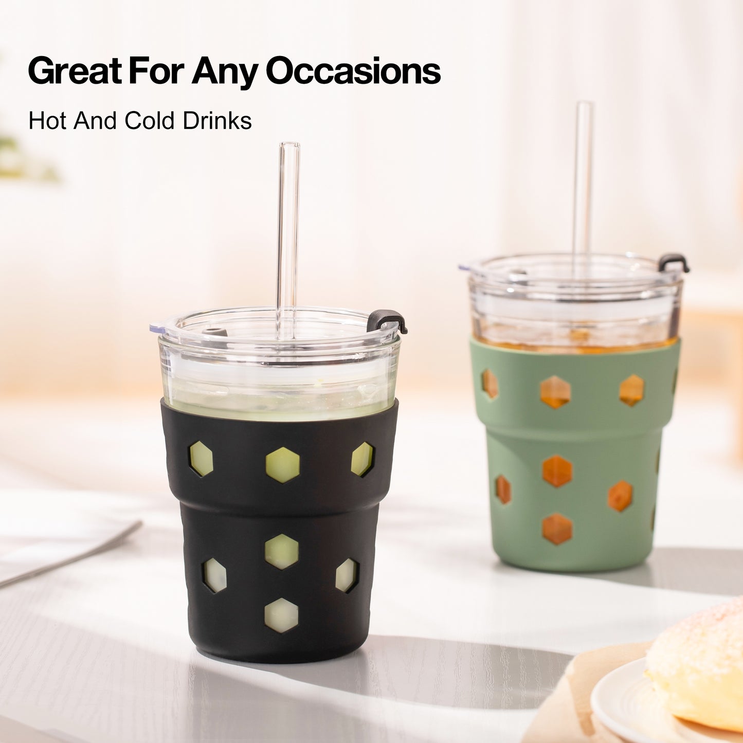 Mrsdry 12oz Iced Coffee Cup with Lids and Silicone Sleeves, Reusable Glass Tumbler with Straw, Leakproof Travel Glass Cups Fits Car Cup Holder for Cold and Hot Drinks