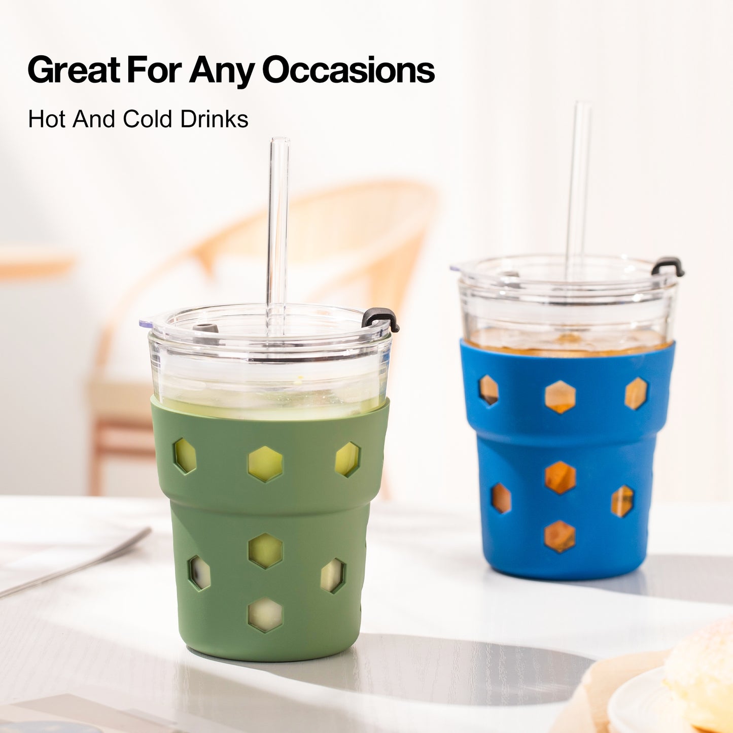 Mrsdry 12oz Iced Coffee Cup with Lids and Silicone Sleeves, Reusable Glass Tumbler with Straw, Leakproof Travel Glass Cups Fits Car Cup Holder for Cold and Hot Drinks