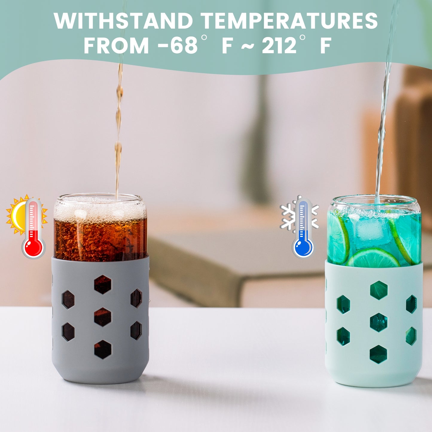 Mrsdry Glass Cups with Silicone Lids and Straws (4 Pcs), 16oz Drinking Glasses Set with Silicone Sleeves for Coffee Bar Accessories Iced Coffee Cups with Lids, Glass Tumbler Reusable for Gifts