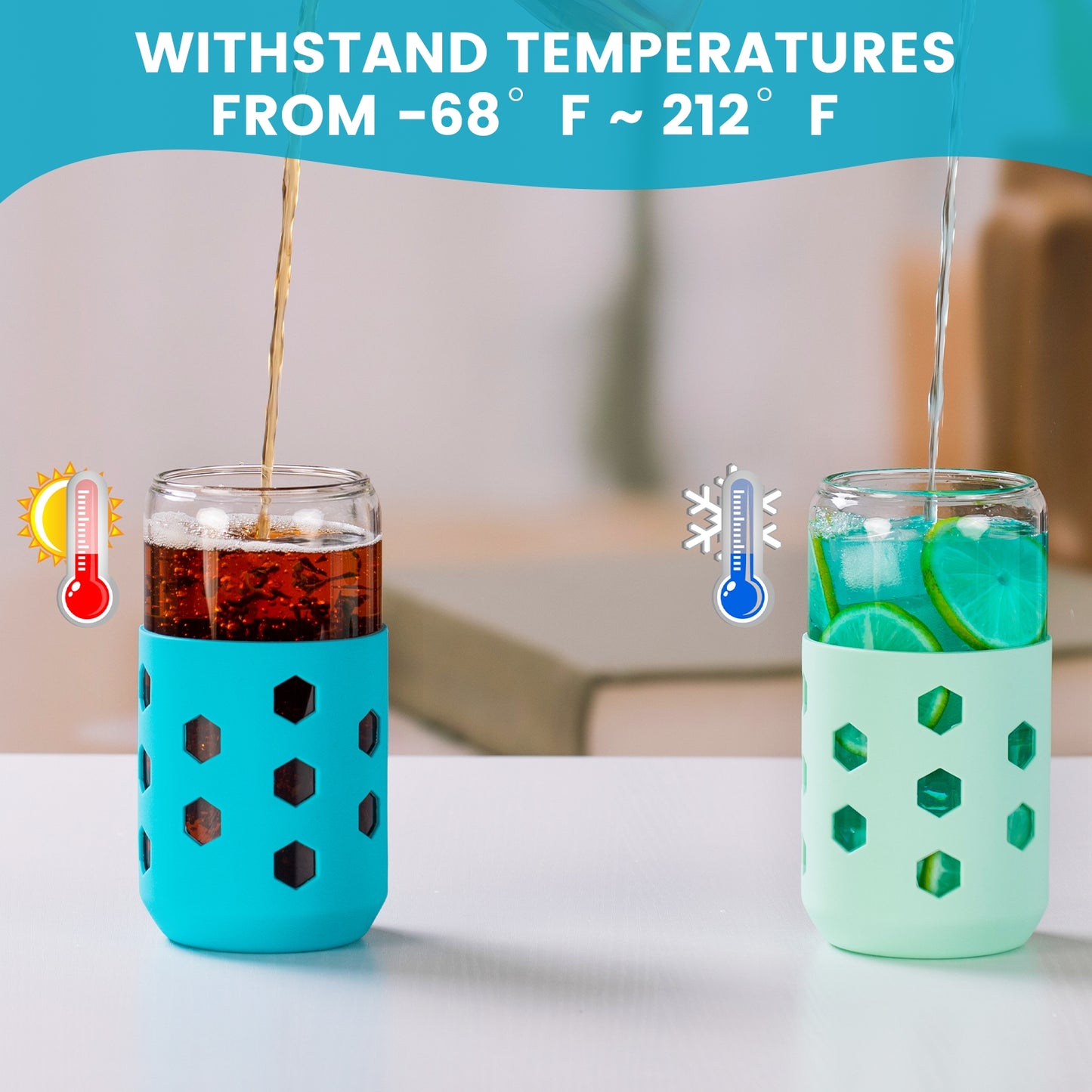 Mrsdry Glass Cups with Silicone Lids and Straws (4 Pcs), 16oz Drinking Glasses Set with Silicone Sleeves for Coffee Bar Accessories Iced Coffee Cups with Lids, Glass Tumbler Reusable for Gifts