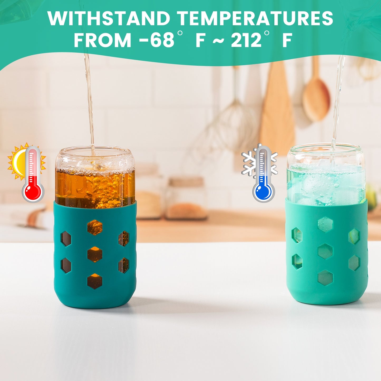 Mrsdry Glass Cups with Silicone Lids and Straws (4 Pcs), 16oz Drinking Glasses Set with Silicone Sleeves for Coffee Bar Accessories Iced Coffee Cups with Lids, Glass Tumbler Reusable for Gifts