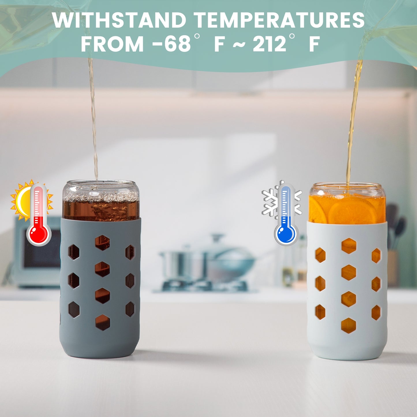 Mrsdry Glass Cups with Silicone Lids and Straws (4 Pcs), 20oz Drinking Glasses Set with Silicone Sleeves for Coffee Bar Accessories Iced Coffee Cups with Lids, Glass Tumbler Reusable for Gifts