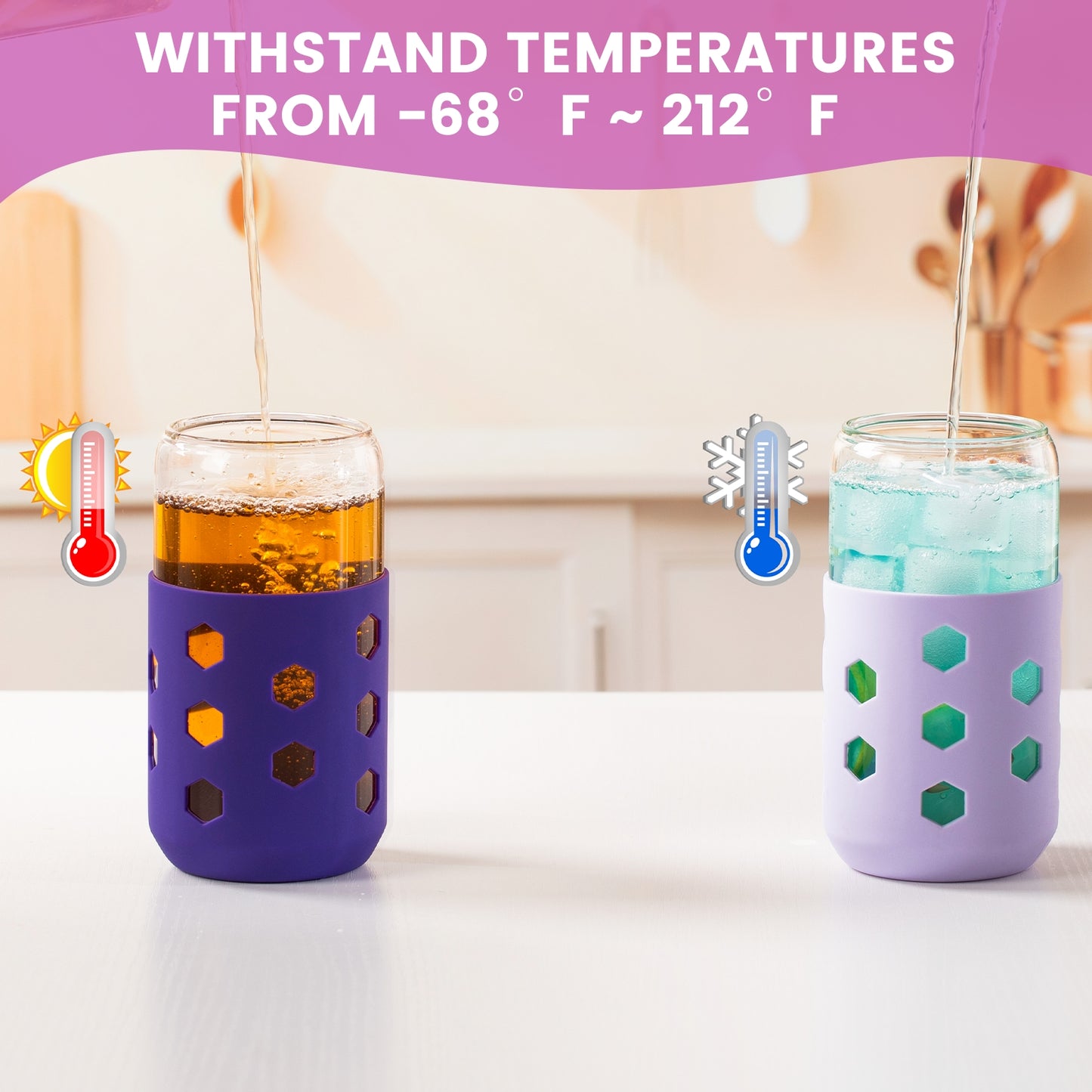 Mrsdry Glass Cups with Silicone Lids and Straws (4 Pcs), 16oz Drinking Glasses Set with Silicone Sleeves for Coffee Bar Accessories Iced Coffee Cups with Lids, Glass Tumbler Reusable for Gifts