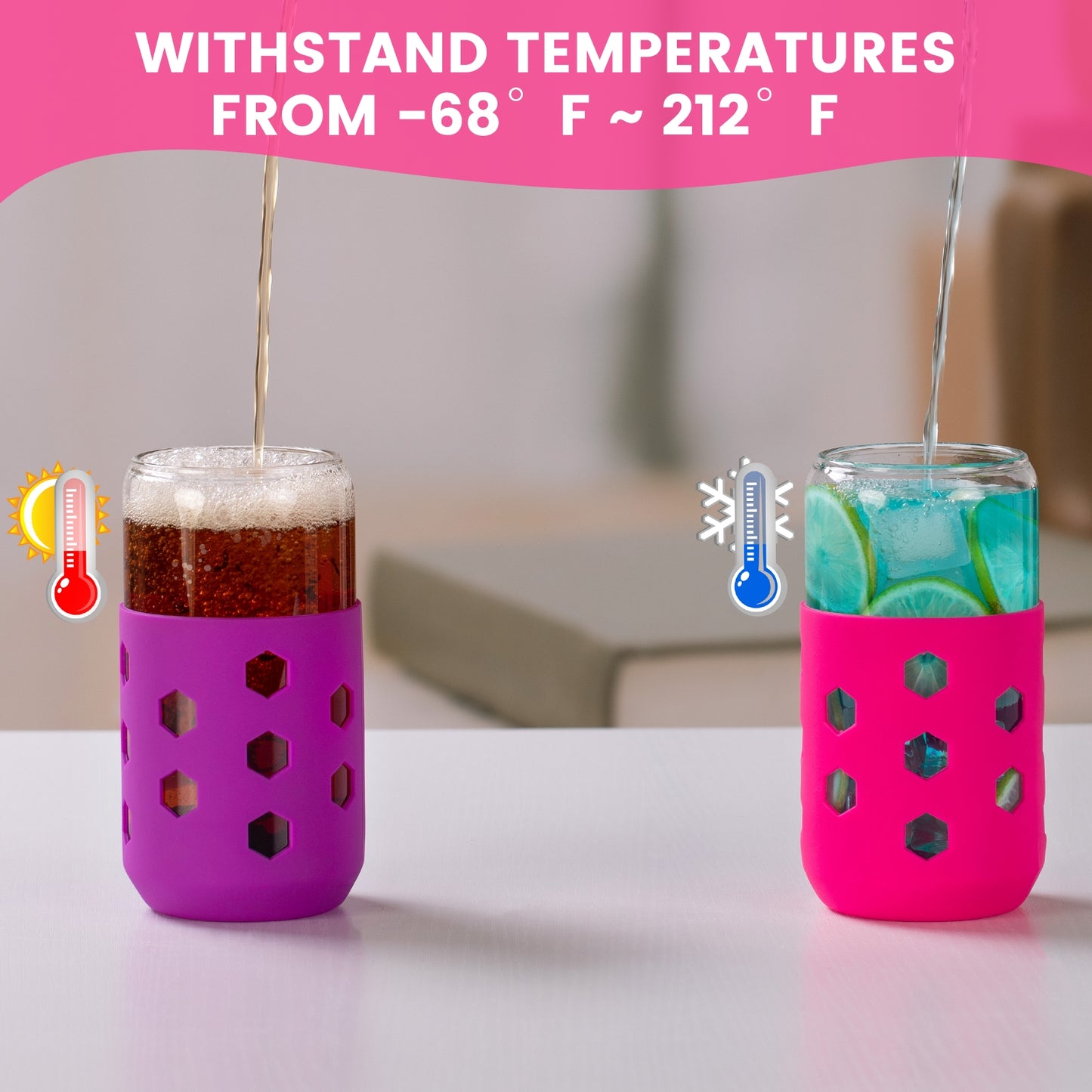 Mrsdry Glass Cups with Silicone Lids and Straws (4 Pcs), 16oz Drinking Glasses Set with Silicone Sleeves for Coffee Bar Accessories Iced Coffee Cups with Lids, Glass Tumbler Reusable for Gifts