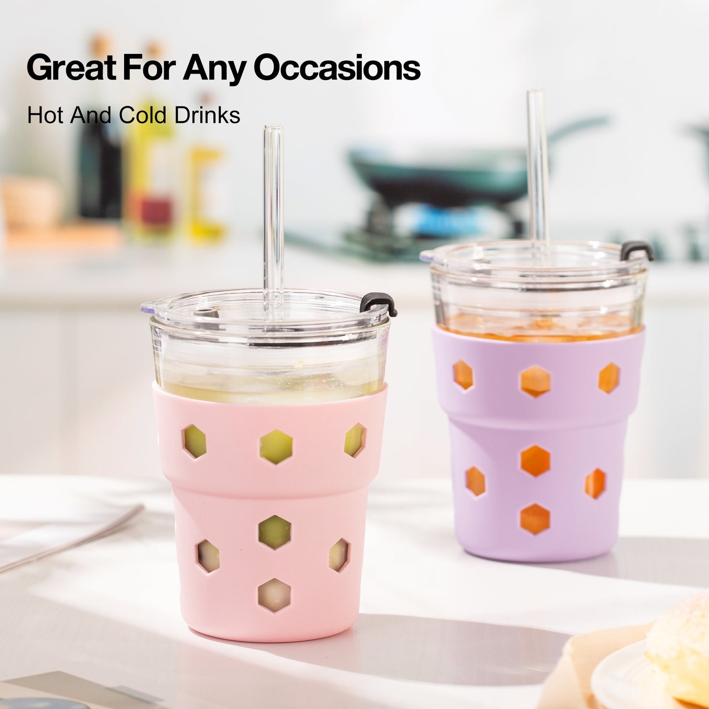 Mrsdry 12oz Iced Coffee Cup with Lids and Silicone Sleeves, Reusable Glass Tumbler with Straw, Leakproof Travel Glass Cups Fits Car Cup Holder for Cold and Hot Drinks
