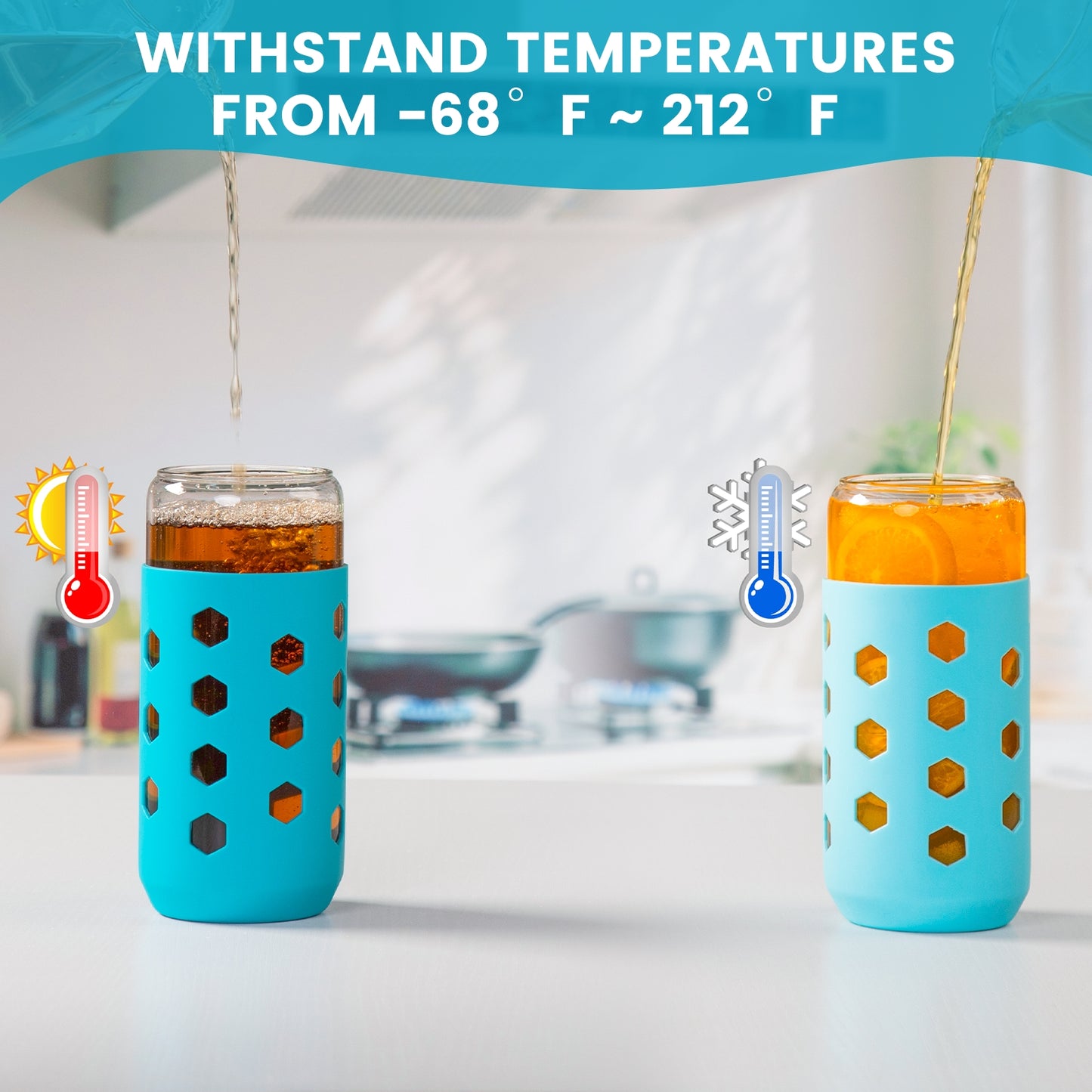 Mrsdry Glass Cups with Silicone Lids and Straws (4 Pcs), 20oz Drinking Glasses Set with Silicone Sleeves for Coffee Bar Accessories Iced Coffee Cups with Lids, Glass Tumbler Reusable for Gifts