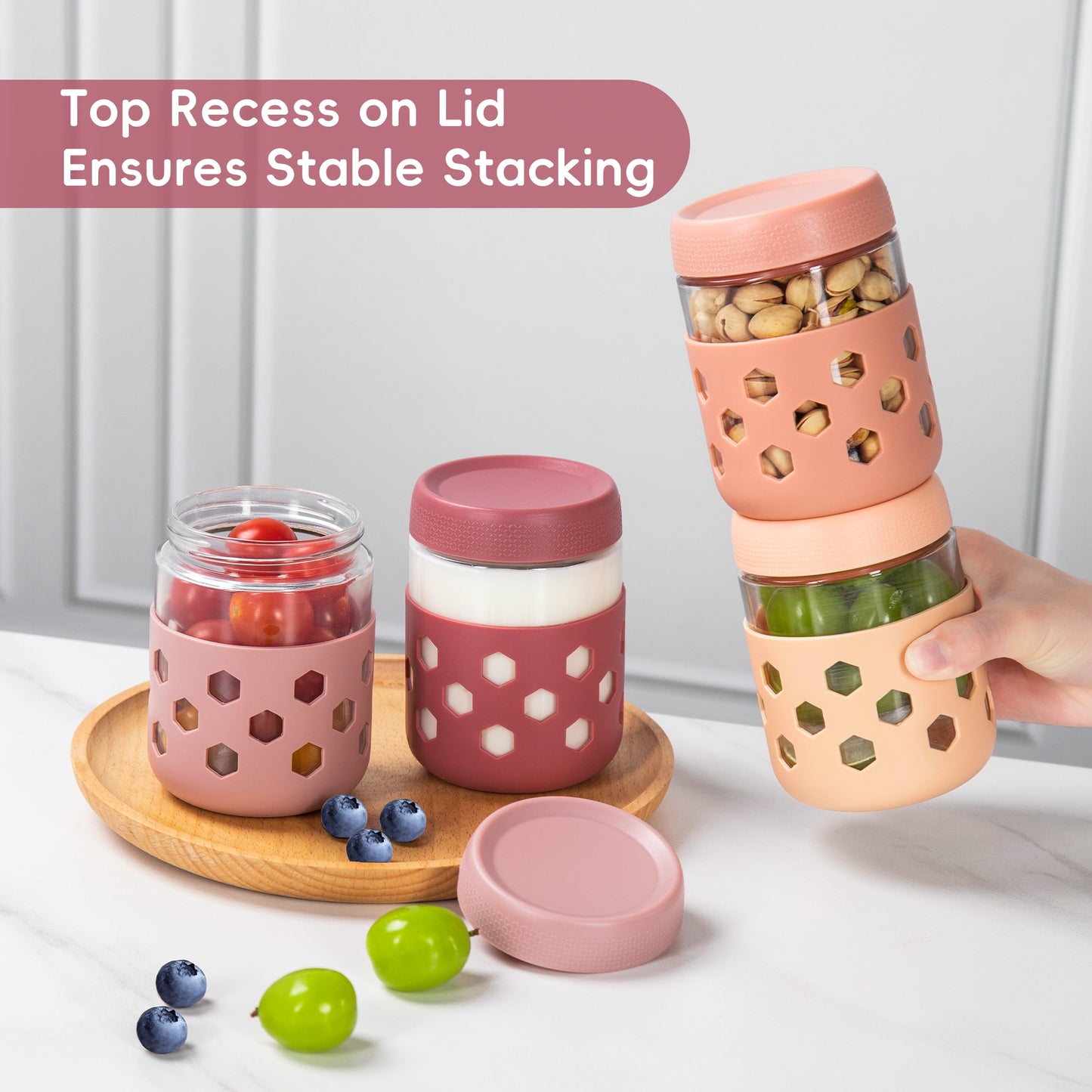 Mrsdry 4-Pack 16oz Glass Mason Jars with Silicone Sleeves, Airtight BPA-Free Overnight Oats Containers with Lids, Dishwasher Safe Leak-Proof Meal Prep Jars for Chia Pudding, Yogurt, Snacks