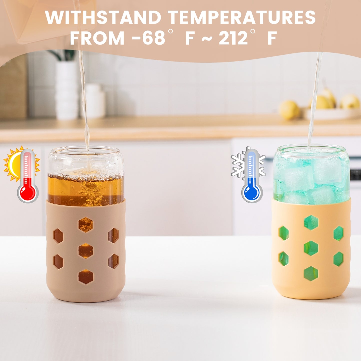 Mrsdry Glass Cups with Silicone Lids and Straws (4 Pcs), 16oz Drinking Glasses Set with Silicone Sleeves for Coffee Bar Accessories Iced Coffee Cups with Lids, Glass Tumbler Reusable for Gifts