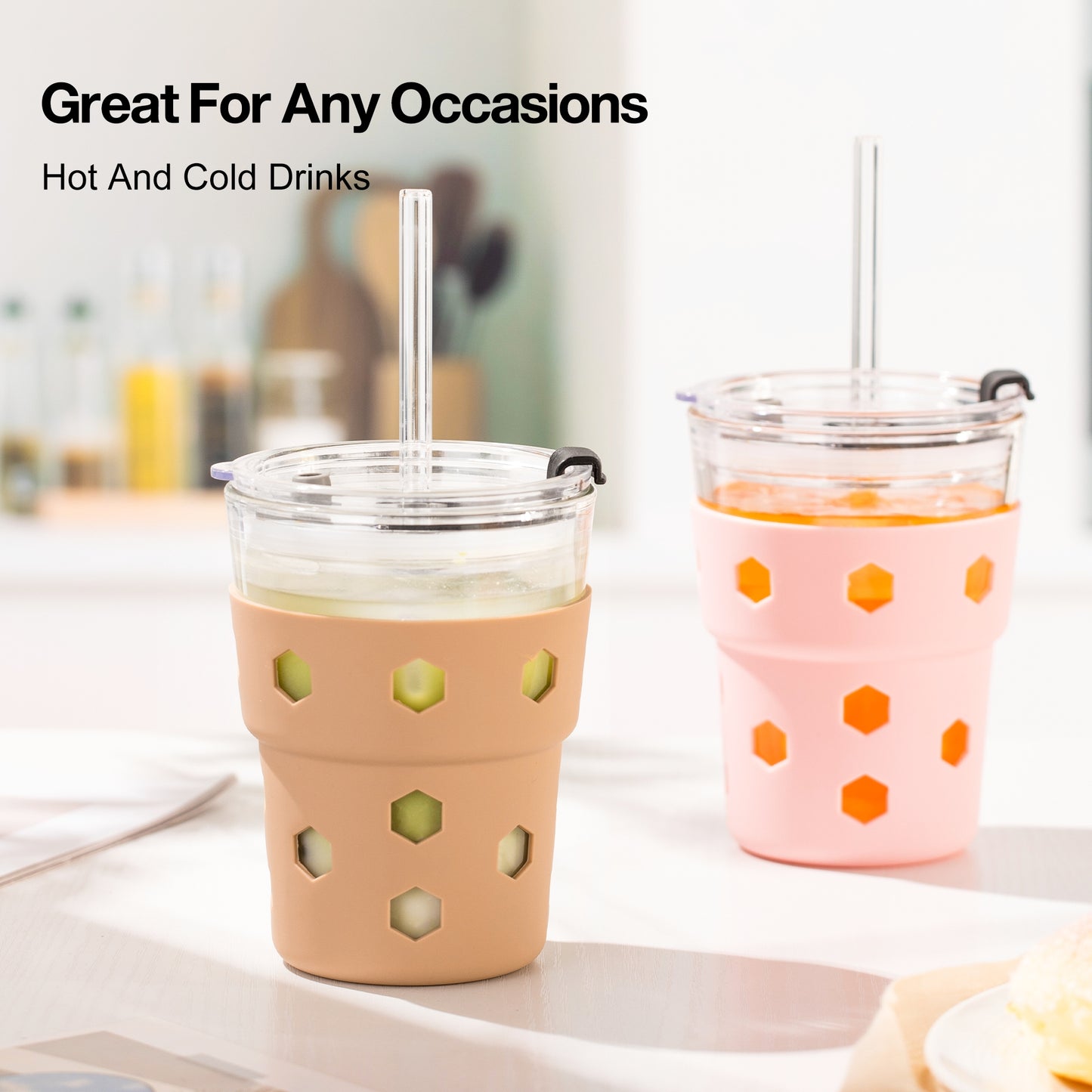 Mrsdry 12oz Iced Coffee Cup with Lids and Silicone Sleeves, Reusable Glass Tumbler with Straw, Leakproof Travel Glass Cups Fits Car Cup Holder for Cold and Hot Drinks