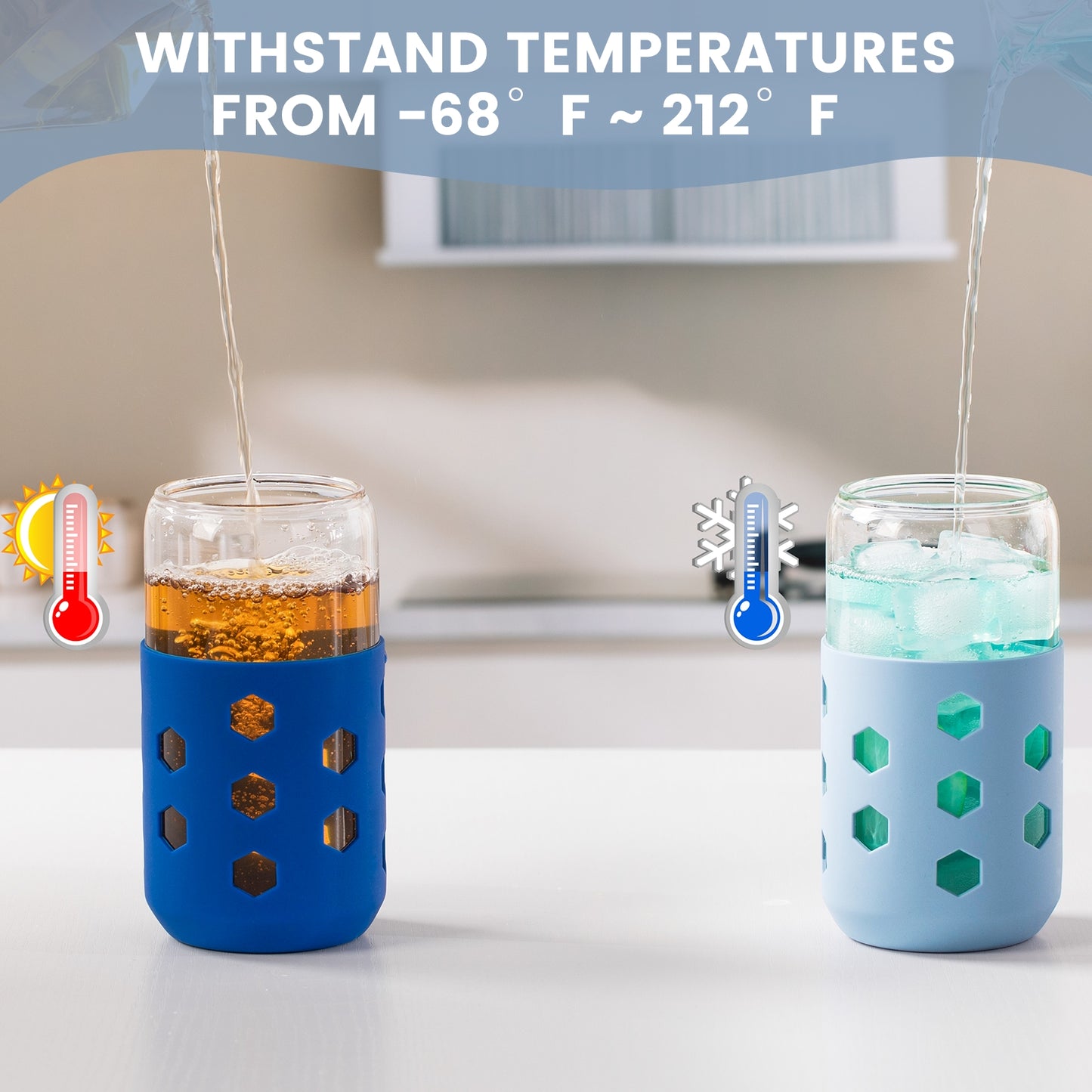 Mrsdry Glass Cups with Silicone Lids and Straws (4 Pcs), 16oz Drinking Glasses Set with Silicone Sleeves for Coffee Bar Accessories Iced Coffee Cups with Lids, Glass Tumbler Reusable for Gifts