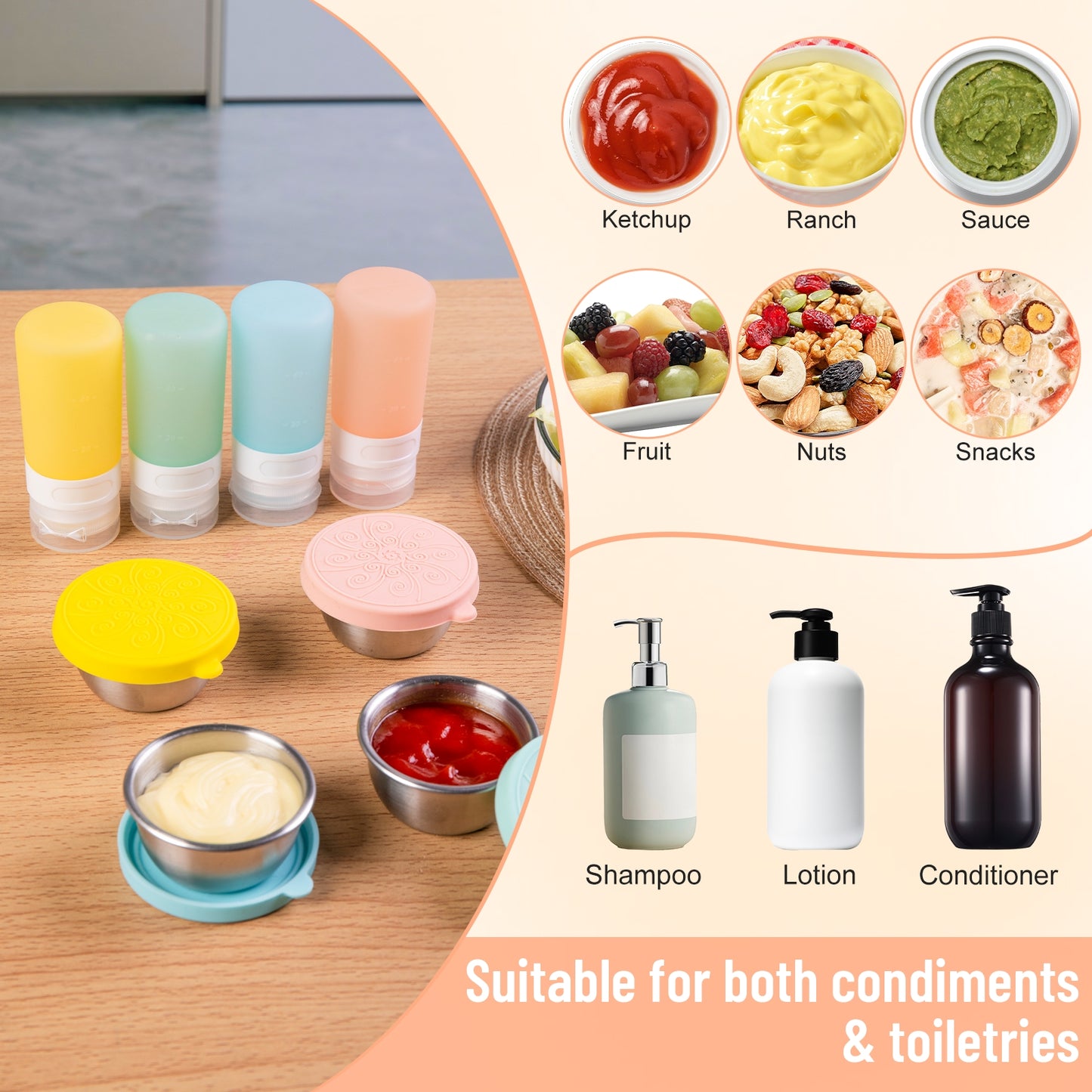 Mrsdry 8-Pack Salad Dressing Container To Go, 2-oz Silicone Small Condiment Squeeze Bottles and 1.6 oz Stainless Steel Sauce Containers Cups, Leakproof Condiment Containers with Lids for Lunch Box