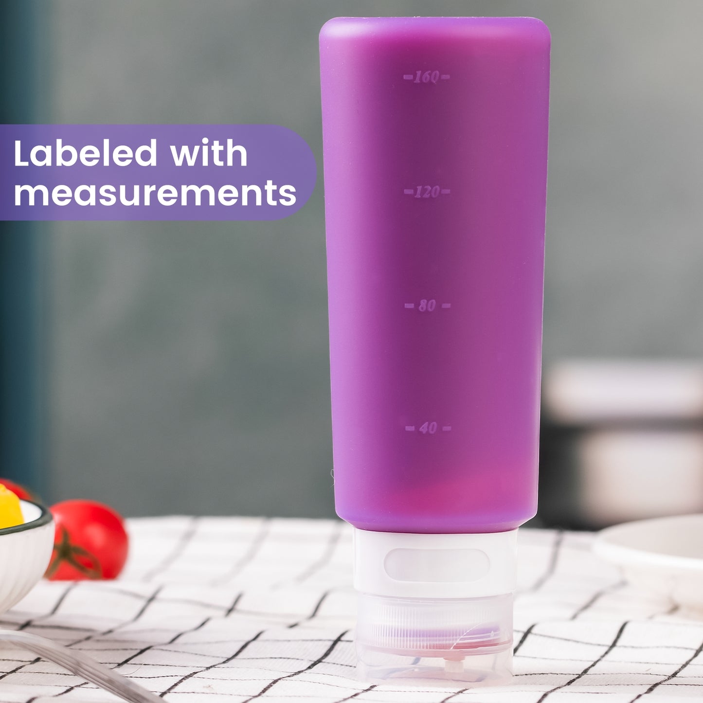 Mrsdry Condiment Squeeze Bottles for Sauces, 6-oz Small Silicone Salad Dressing Container to Go with Snack Storage Bag, Leakproof Sauce Bottles for Lunch Box, 4 Pack, Purple
