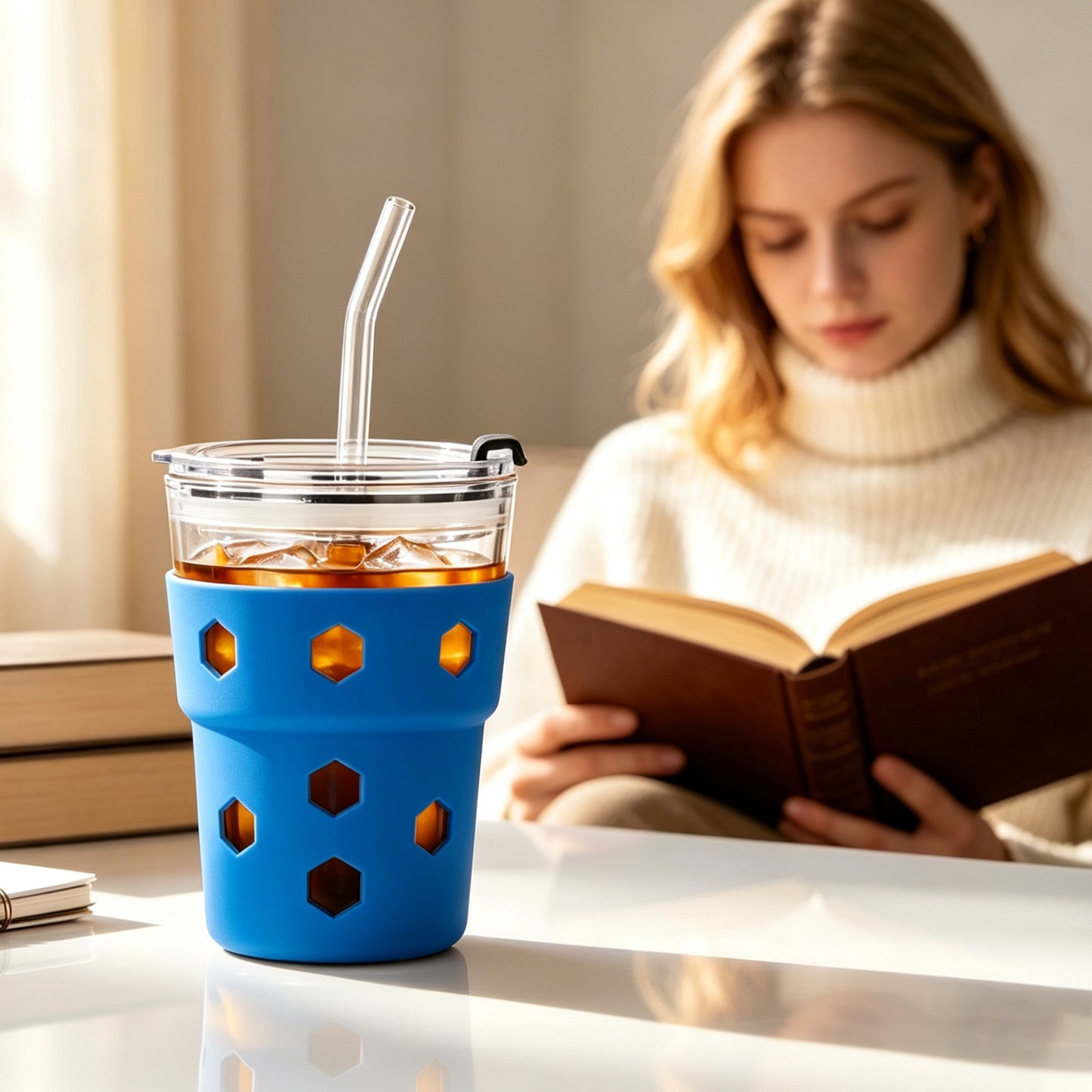 Mrsdry 12oz Iced Coffee Cup with Lids and Silicone Sleeves, Reusable Glass Tumbler with Straw, Leakproof Travel Glass Cups Fits Car Cup Holder for Cold and Hot Drinks