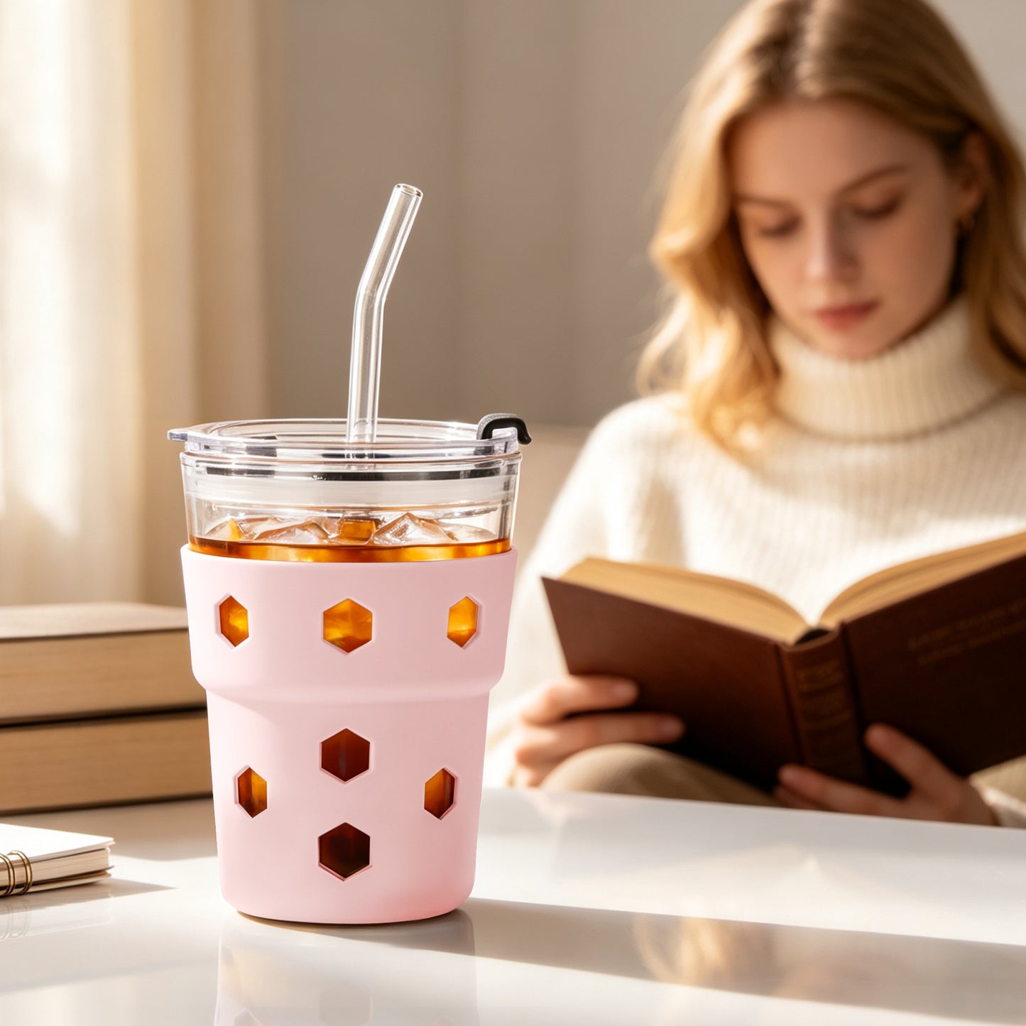 Mrsdry 12oz Iced Coffee Cup with Lids and Silicone Sleeves, Reusable Glass Tumbler with Straw, Leakproof Travel Glass Cups Fits Car Cup Holder for Cold and Hot Drinks