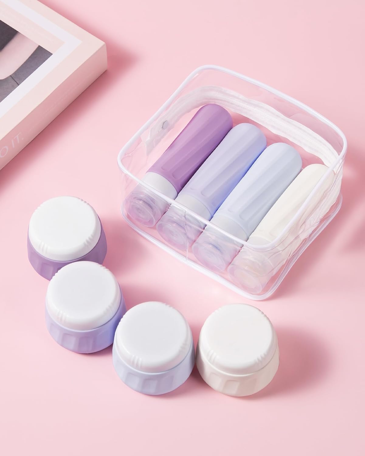 Mrsdry Travel Bottles for Toiletries 8 Pack, Travel Size Toiletries, Tsa Approved Travel Size Containers 3oz, with Travel Essentials Clear Bag, Leak Proof Silicone Squeezable Creams Jars