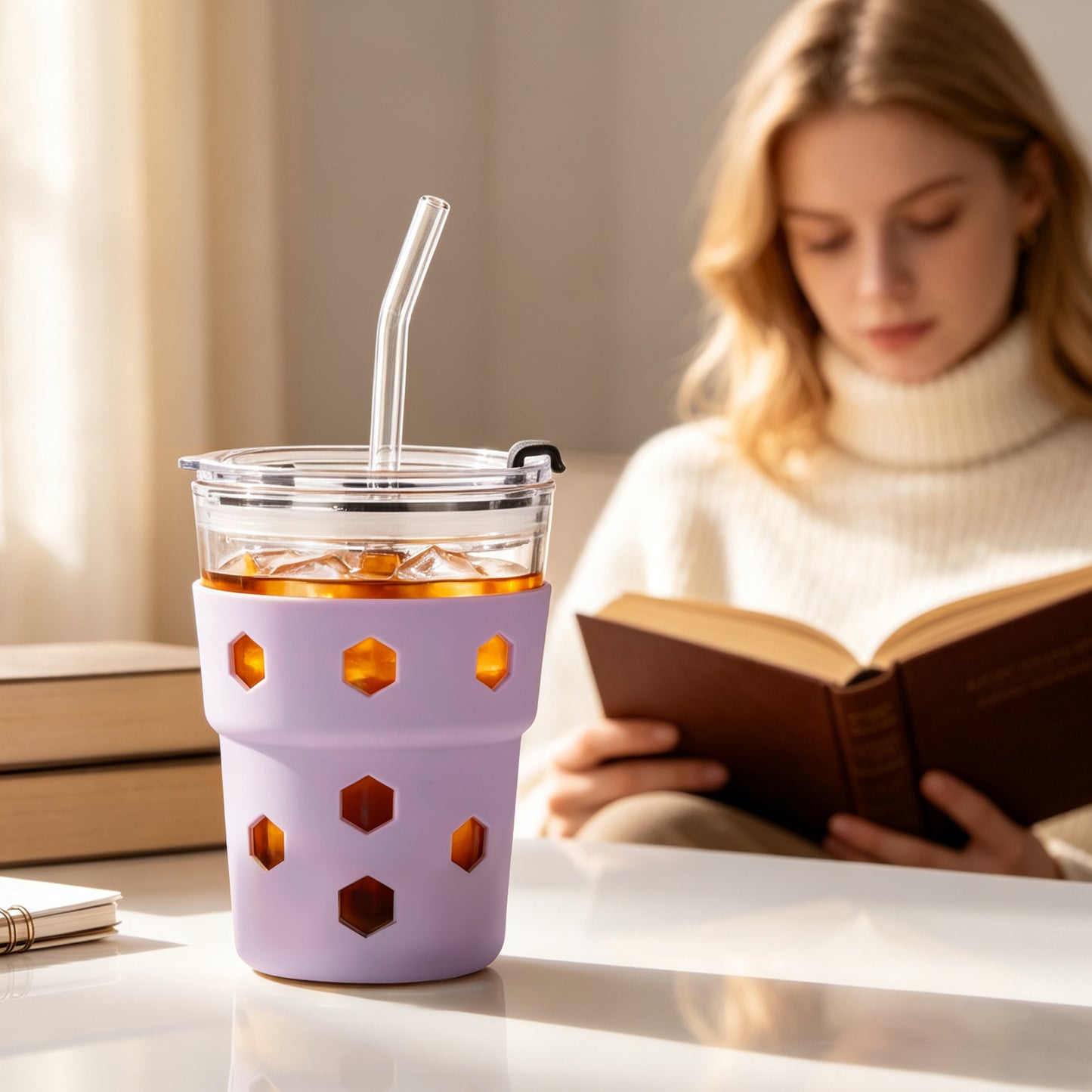 Mrsdry 12oz Iced Coffee Cup with Lids and Silicone Sleeves, Reusable Glass Tumbler with Straw, Leakproof Travel Glass Cups Fits Car Cup Holder for Cold and Hot Drinks