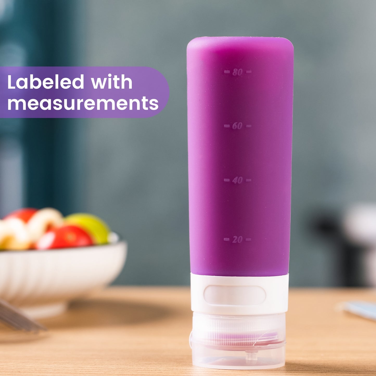 Mrsdry Condiment Squeeze Bottles for Sauces, 3-oz Mini Silicone Salad Dressing Container to Go with Snack Storage Bag, Leakproof Sauce Bottles for Lunch Box, 4 Pack, Purple