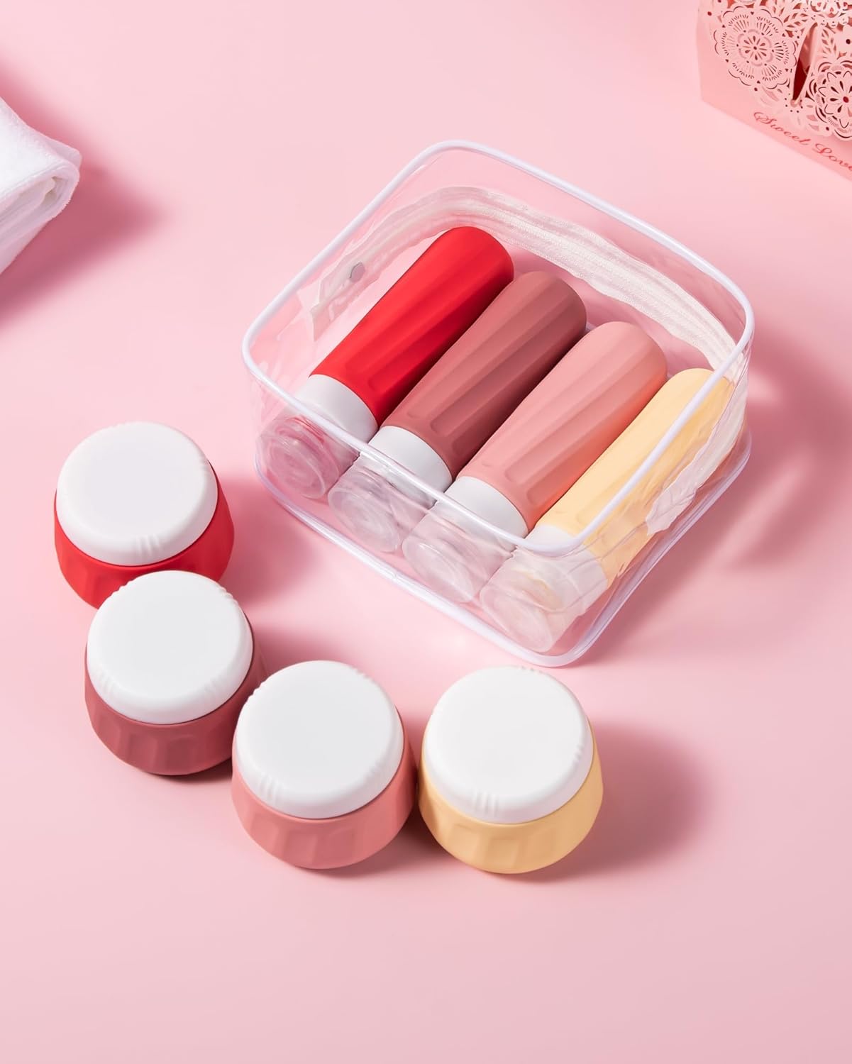 Mrsdry Travel Bottles for Toiletries 8 Pack, Travel Size Toiletries, Tsa Approved Travel Size Containers 3oz, with Travel Essentials Clear Bag, Leak Proof Silicone Squeezable Creams Jars