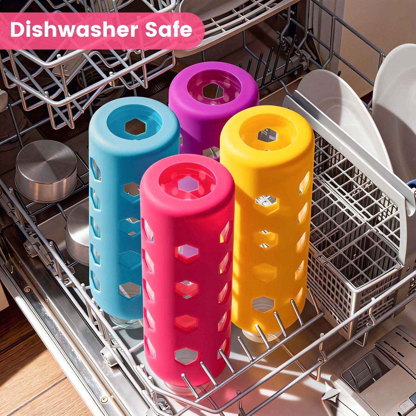 Glass Juice Bottles with Lids and Silicone Sleeves 18 oz, 4-Pack Reusable Clear Glass Water Bottles with Stainless Steel Airtight Cap for Juicing, Refrigerator, BPA Free Leak-Proof Drinking Jar