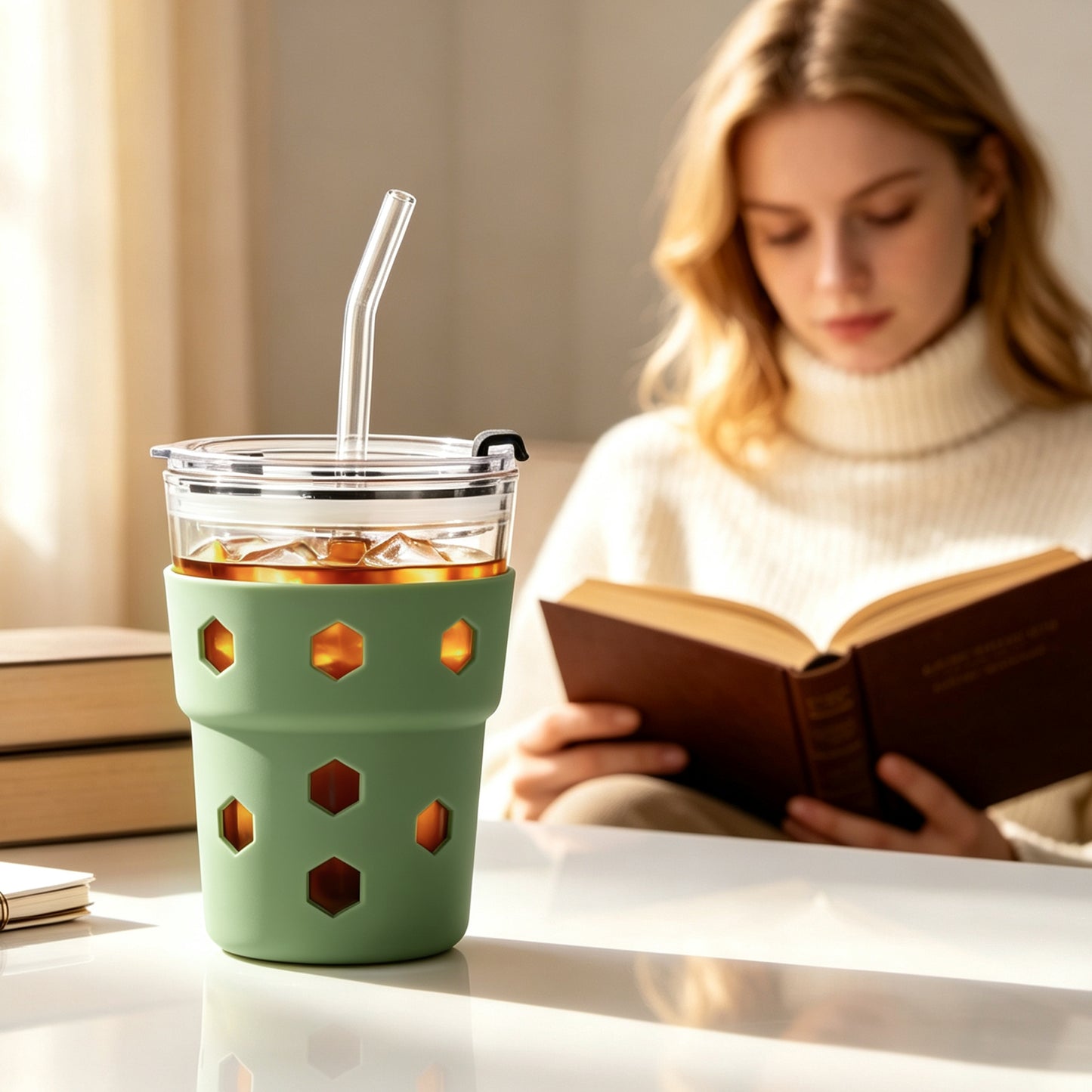 Mrsdry 12oz Iced Coffee Cup with Lids and Silicone Sleeves, Reusable Glass Tumbler with Straw, Leakproof Travel Glass Cups Fits Car Cup Holder for Cold and Hot Drinks