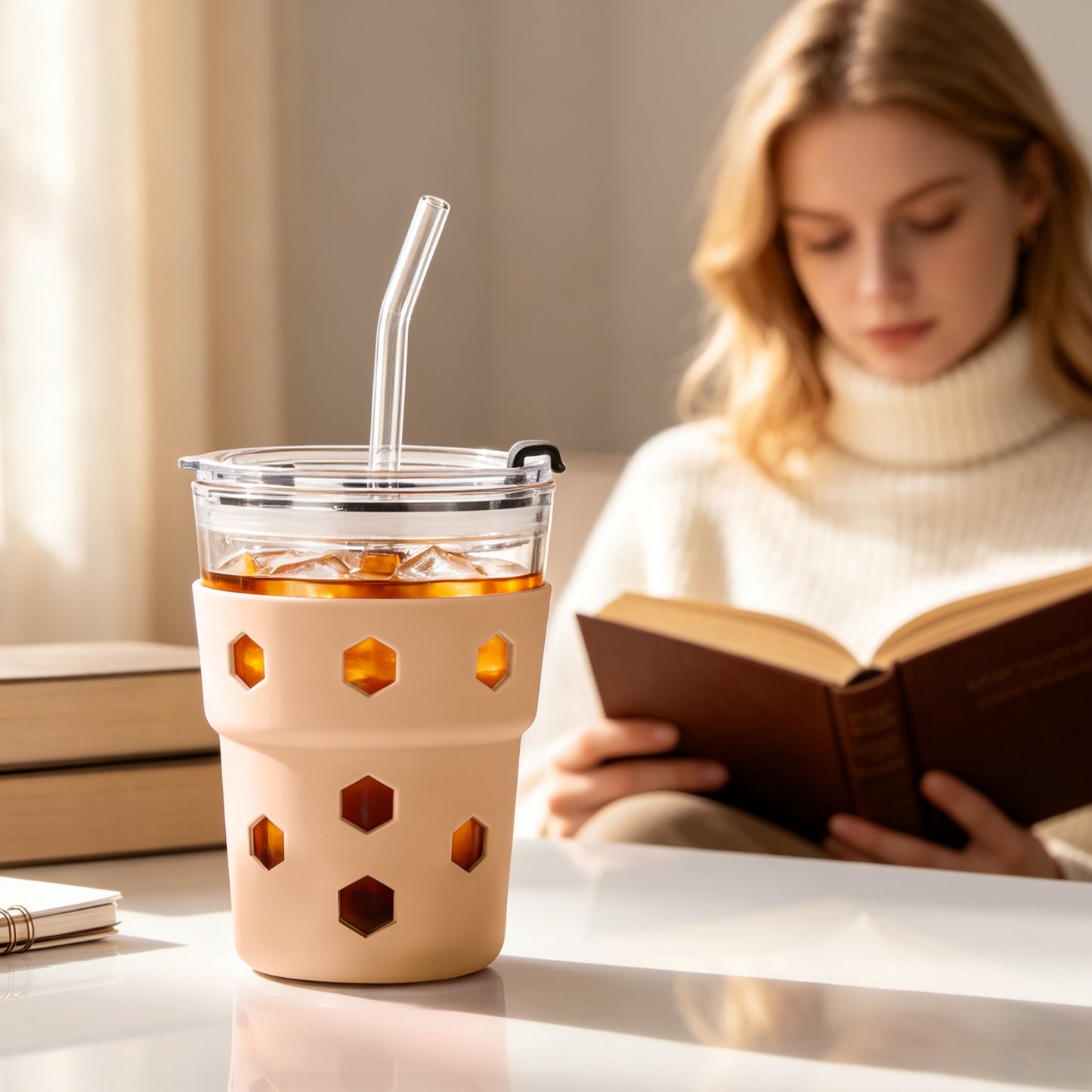Mrsdry 12oz Iced Coffee Cup with Lids and Silicone Sleeves, Reusable Glass Tumbler with Straw, Leakproof Travel Glass Cups Fits Car Cup Holder for Cold and Hot Drinks