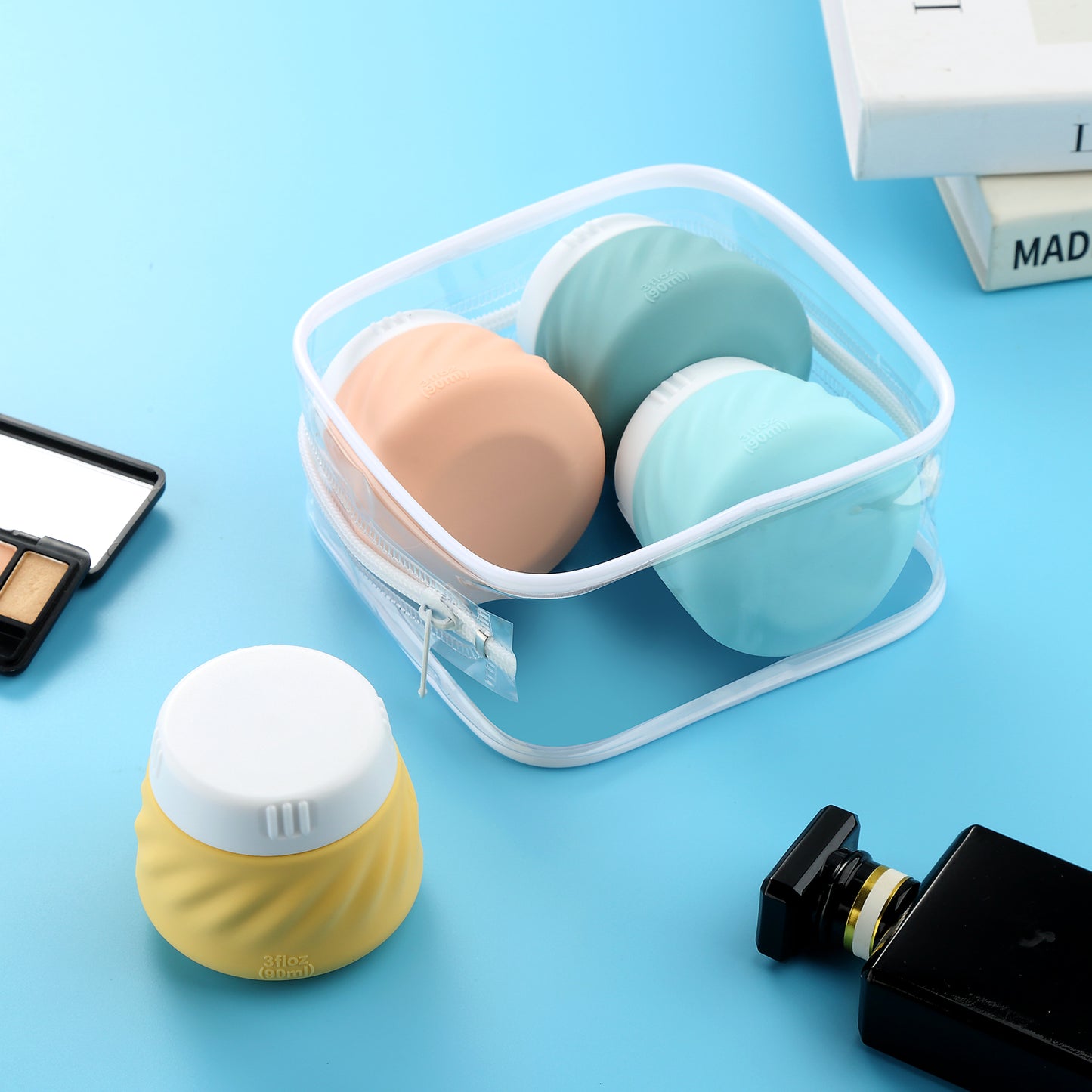 Mrsdry Travel Containers for Toiletries, Silicone Cream Jars TSA Approved Travel Size Containers with Clear Bag, Leak-proof Travel Accessories with Lid for Cosmetic Face Body Hand Cream (4 Pack)