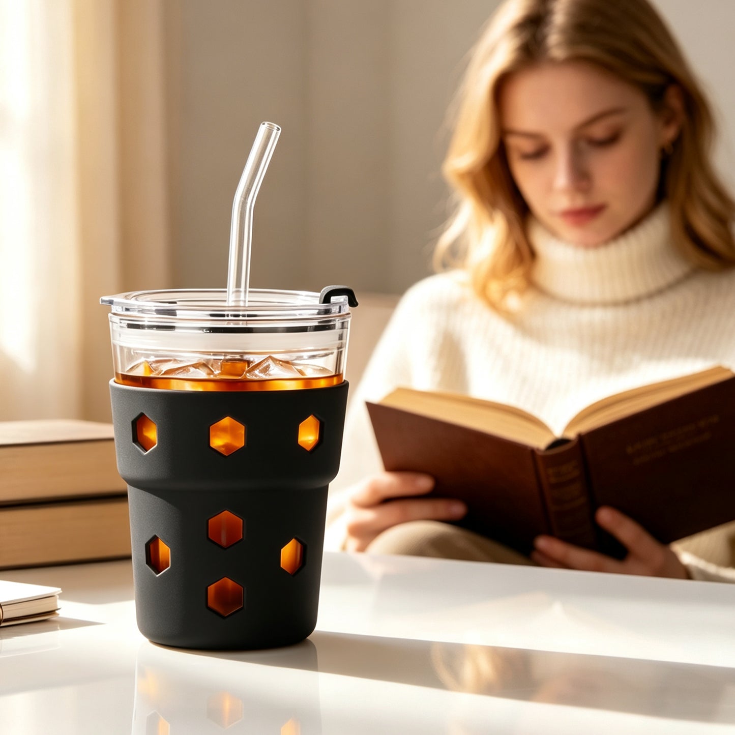 Mrsdry 12oz Iced Coffee Cup with Lids and Silicone Sleeves, Reusable Glass Tumbler with Straw, Leakproof Travel Glass Cups Fits Car Cup Holder for Cold and Hot Drinks