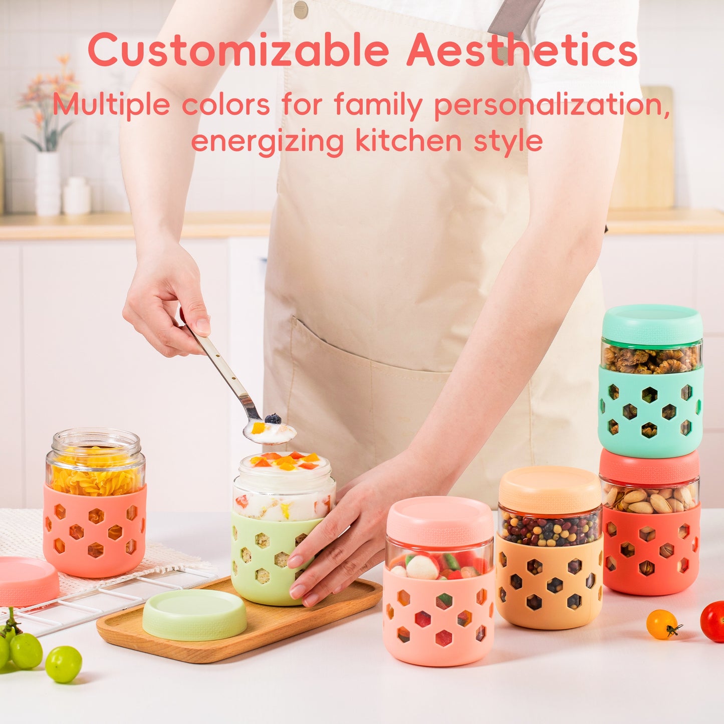 Mrsdry 6-Pack 16 oz Glass Mason Jars with Silicone Sleeves, Airtight BPA-Free Overnight Oats Containers with Lids, Dishwasher Safe Leak-Proof Meal Prep Jars for Chia Pudding, Yogurt, Snacks