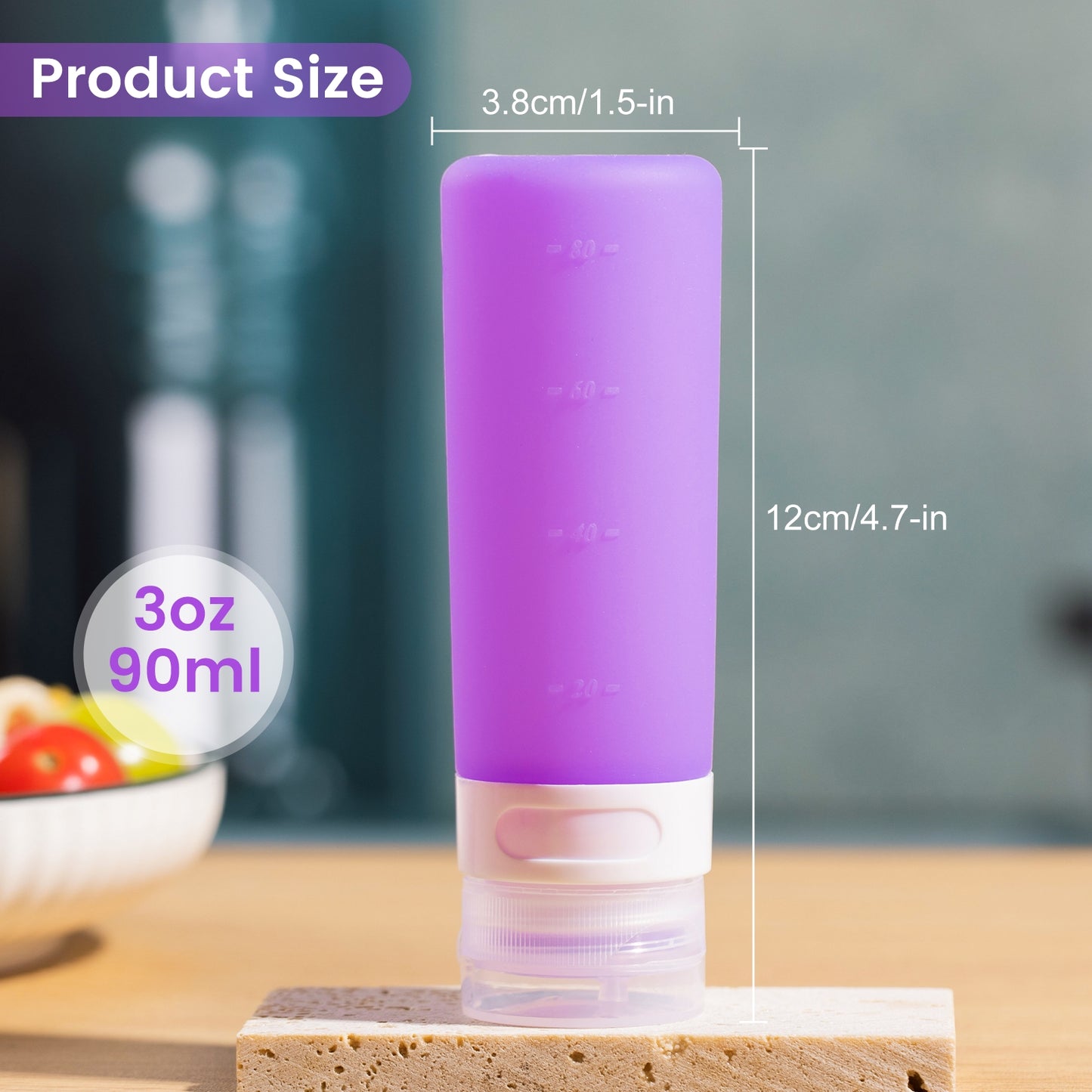 Mrsdry Condiment Squeeze Bottles for Sauces, 3-oz Mini Silicone Salad Dressing Container to Go with Snack Storage Bag, Leakproof Sauce Bottles for Lunch Box, 4 Pack, Purple