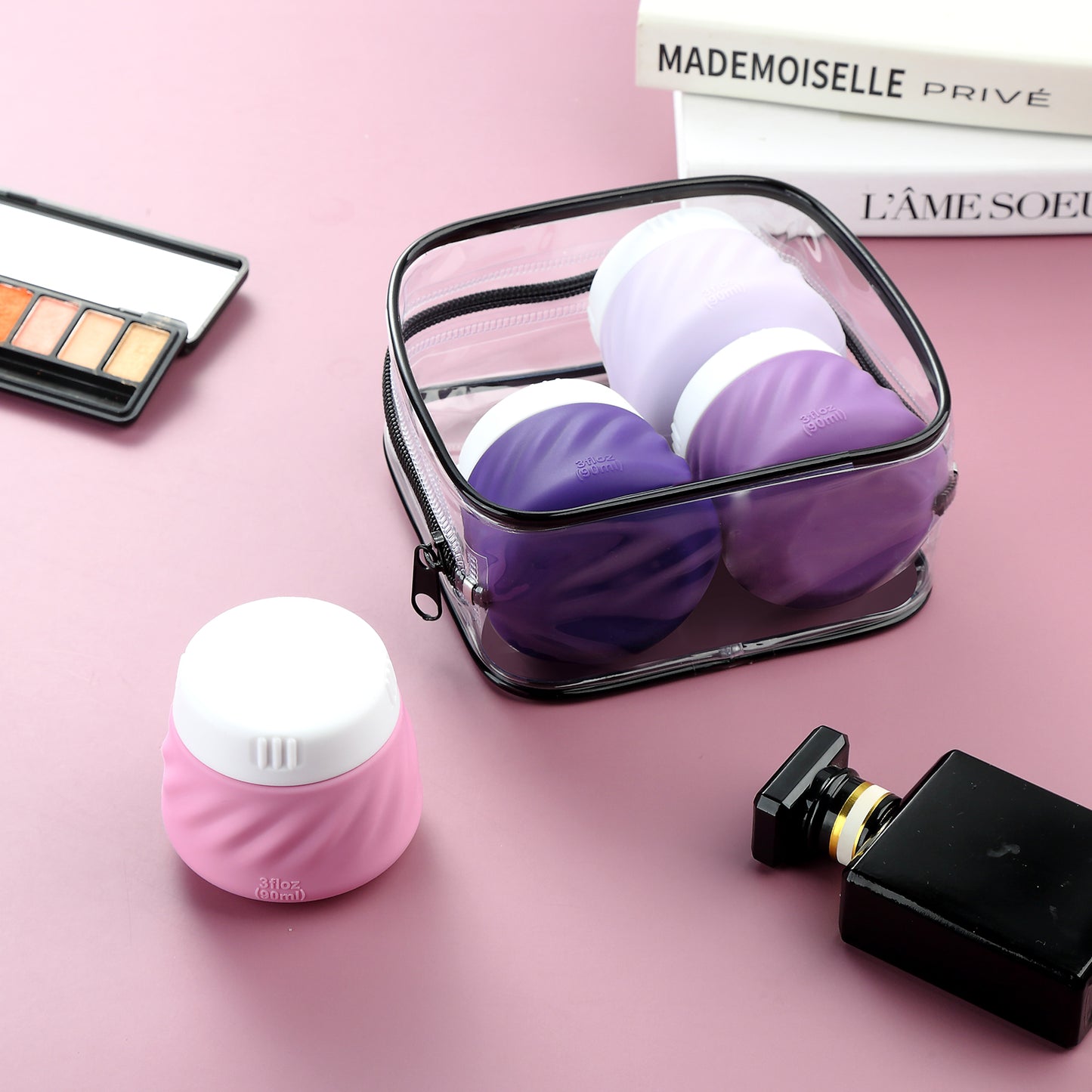 Mrsdry Travel Containers for Toiletries, Silicone Cream Jars TSA Approved Travel Size Containers with Clear Bag, Leak-proof Travel Accessories with Lid for Cosmetic Face Body Hand Cream (4 Pack)