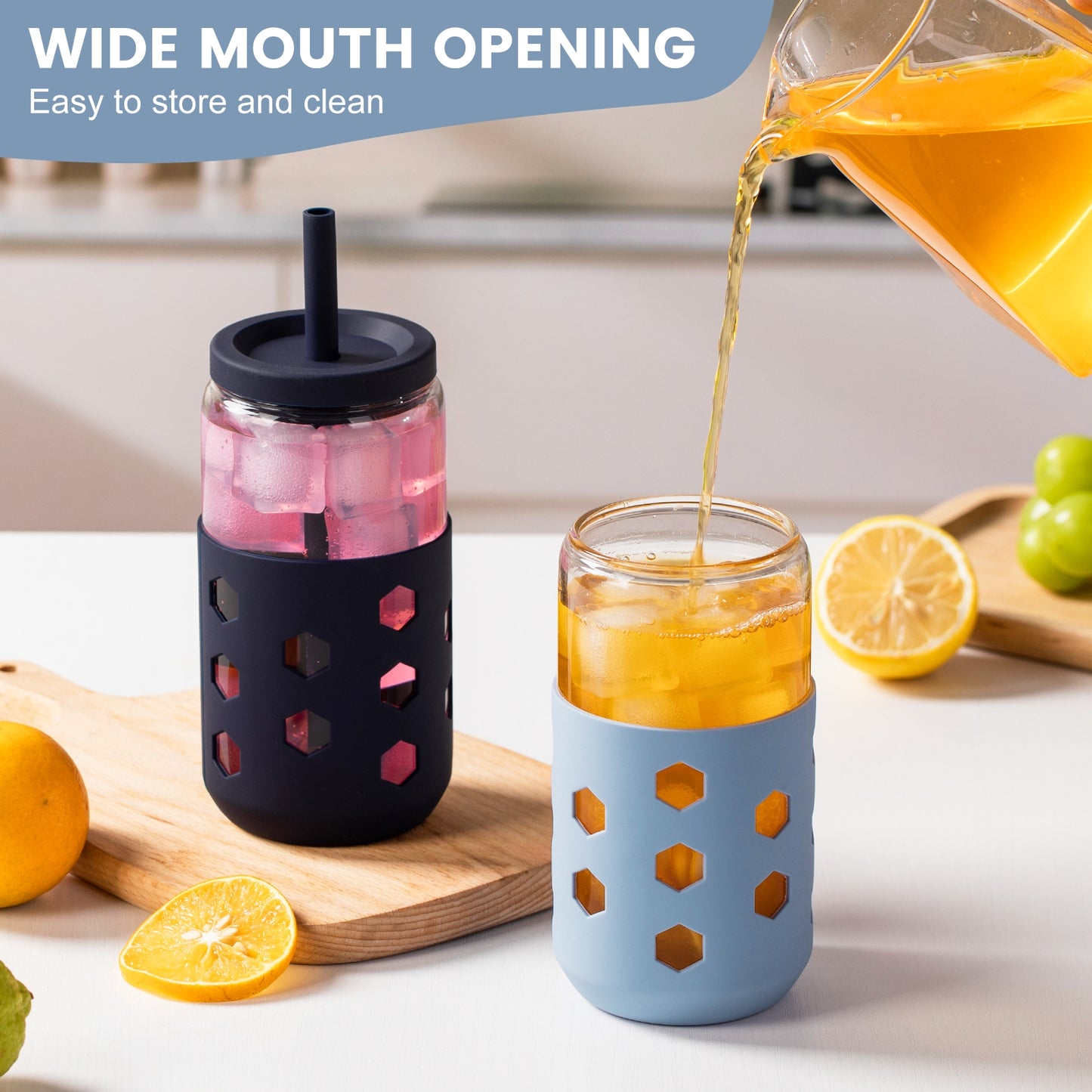 Mrsdry Glass Cups with Silicone Lids and Straws (4 Pcs), 16oz Drinking Glasses Set with Silicone Sleeves for Coffee Bar Accessories Iced Coffee Cups with Lids, Glass Tumbler Reusable for Gifts