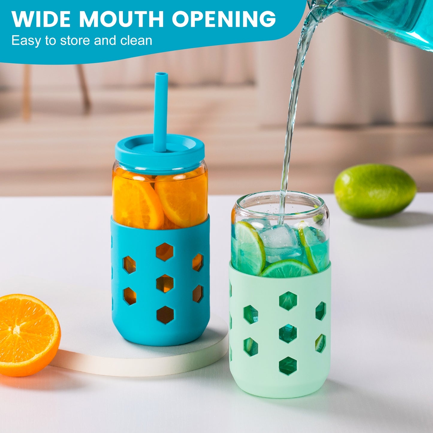 Mrsdry Glass Cups with Silicone Lids and Straws (4 Pcs), 16oz Drinking Glasses Set with Silicone Sleeves for Coffee Bar Accessories Iced Coffee Cups with Lids, Glass Tumbler Reusable for Gifts