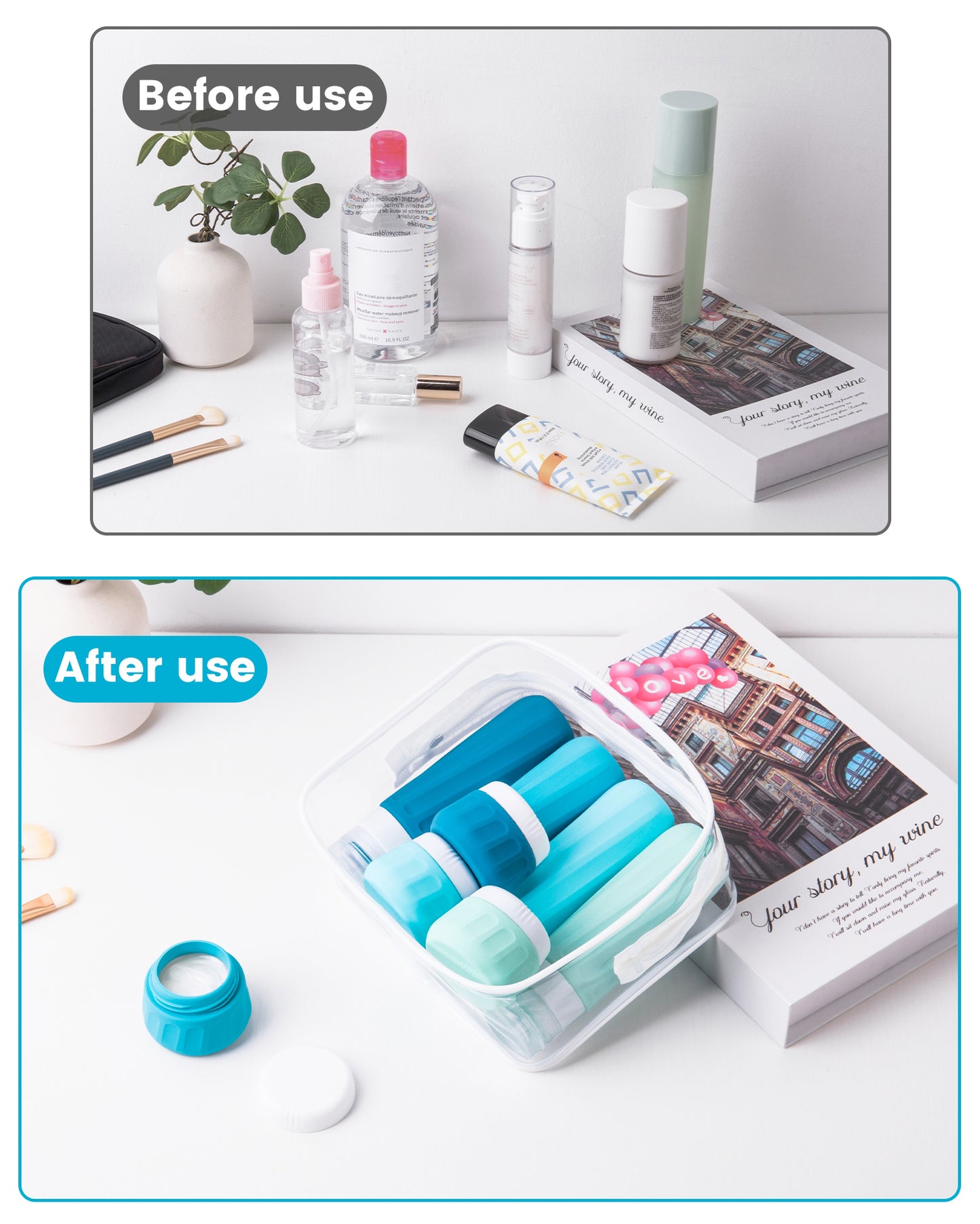 Mrsdry Travel Bottles for Toiletries 8 Pack, Travel Size Toiletries, Tsa Approved Travel Size Containers 3oz, with Travel Essentials Clear Bag, Leak Proof Silicone Squeezable Creams Jars