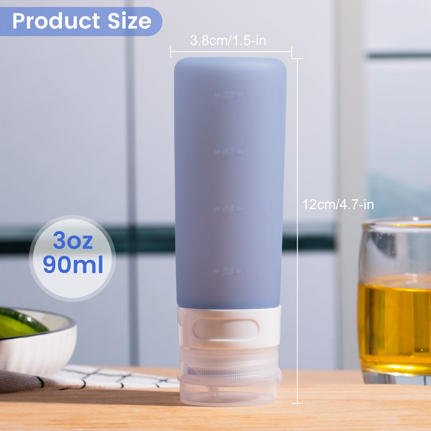 Mrsdry Condiment Squeeze Bottles for Sauces, 3-oz Mini Silicone Salad Dressing Container to Go with Snack Storage Bag, Leakproof Sauce Bottles for Lunch Box, 4 Pack, Blue