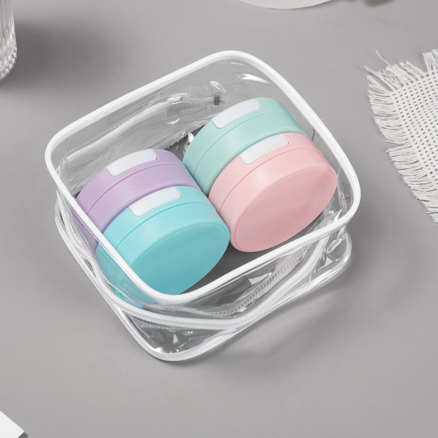 Mrsdry Travel Containers for Toiletries, Silicone Cream Jars TSA Approved Travel Size Containers with Clear Bag, Leak-proof Travel Accessories with Lid for Cosmetic Face Body Hand Cream (4 Pack)