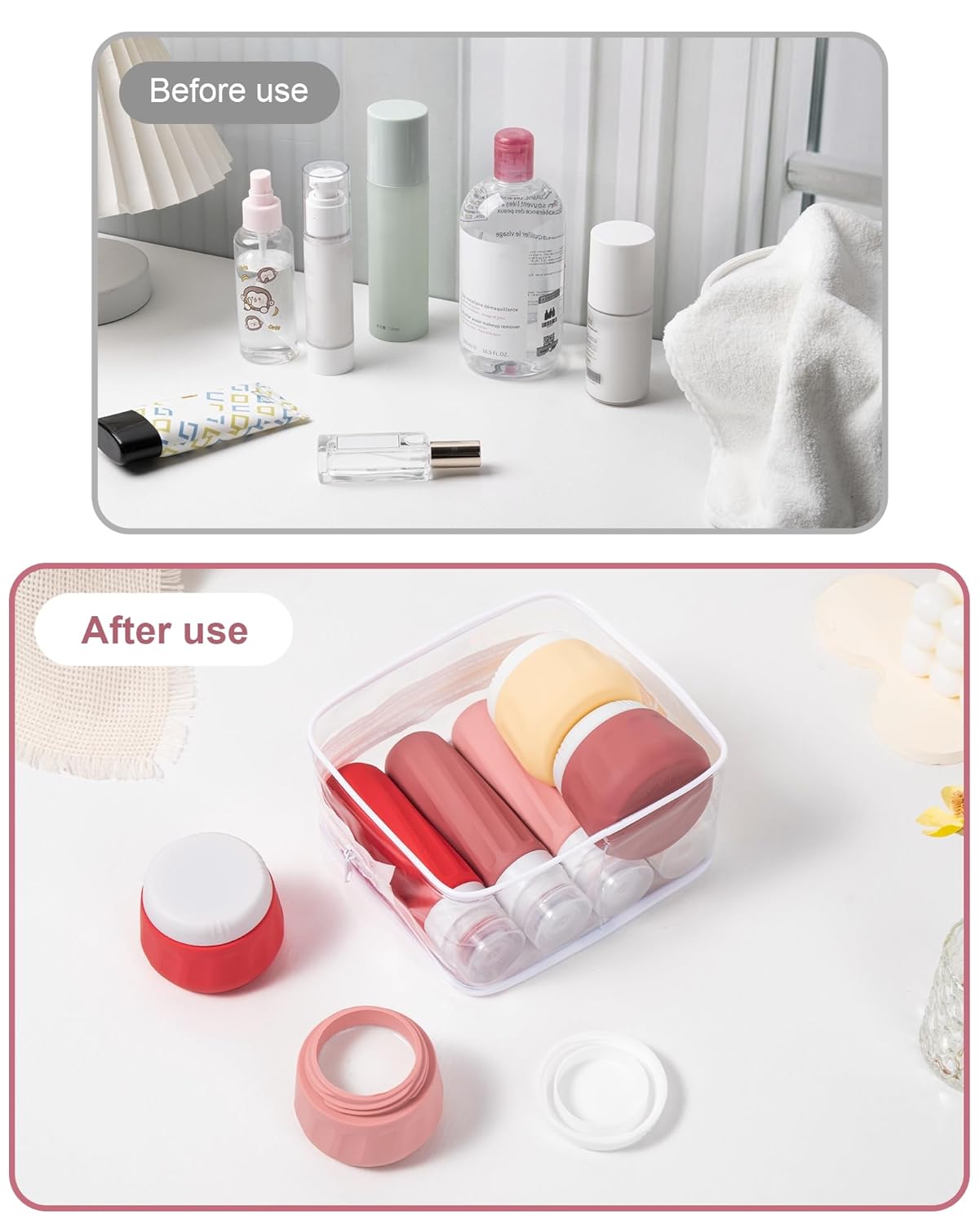 Mrsdry Travel Bottles for Toiletries 8 Pack, Travel Size Toiletries, Tsa Approved Travel Size Containers 3oz, with Travel Essentials Clear Bag, Leak Proof Silicone Squeezable Creams Jars