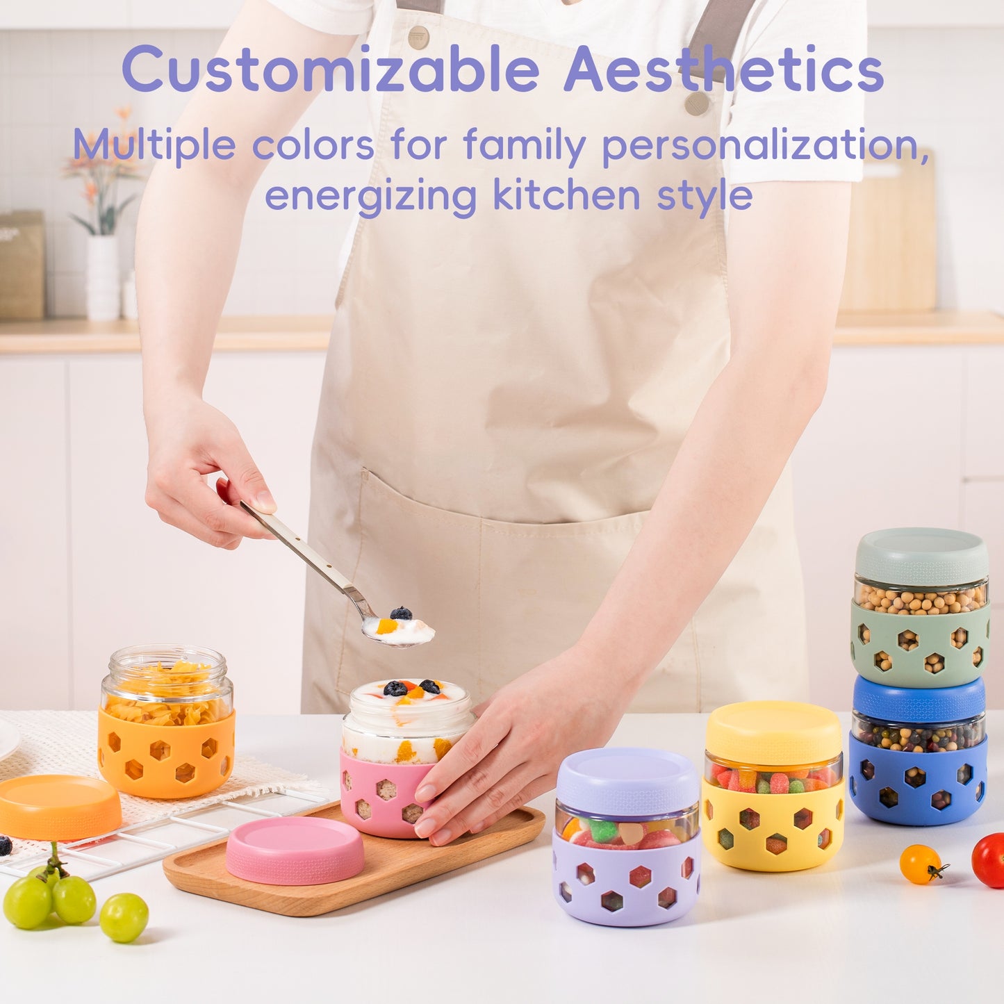 Mrsdry 6-Pack 10 oz Glass Mason Jars with Silicone Sleeves, Airtight BPA-Free Overnight Oats Containers with Lids, Dishwasher Safe Leak-Proof Meal Prep Jars for Chia Pudding, Yogurt, Snacks