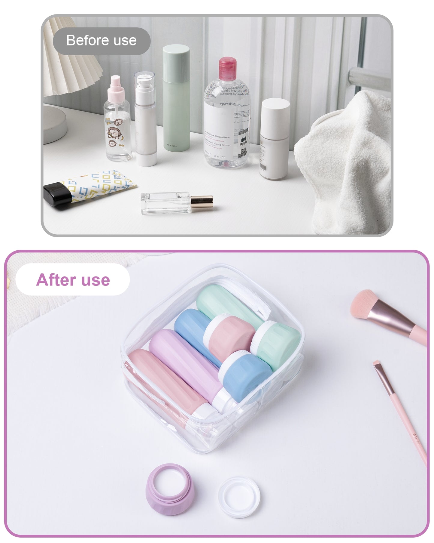 Mrsdry Travel Bottles for Toiletries 8 Pack, Travel Size Toiletries, Tsa Approved Travel Size Containers 3oz, with Travel Essentials Clear Bag, Leak Proof Silicone Squeezable Creams Jars