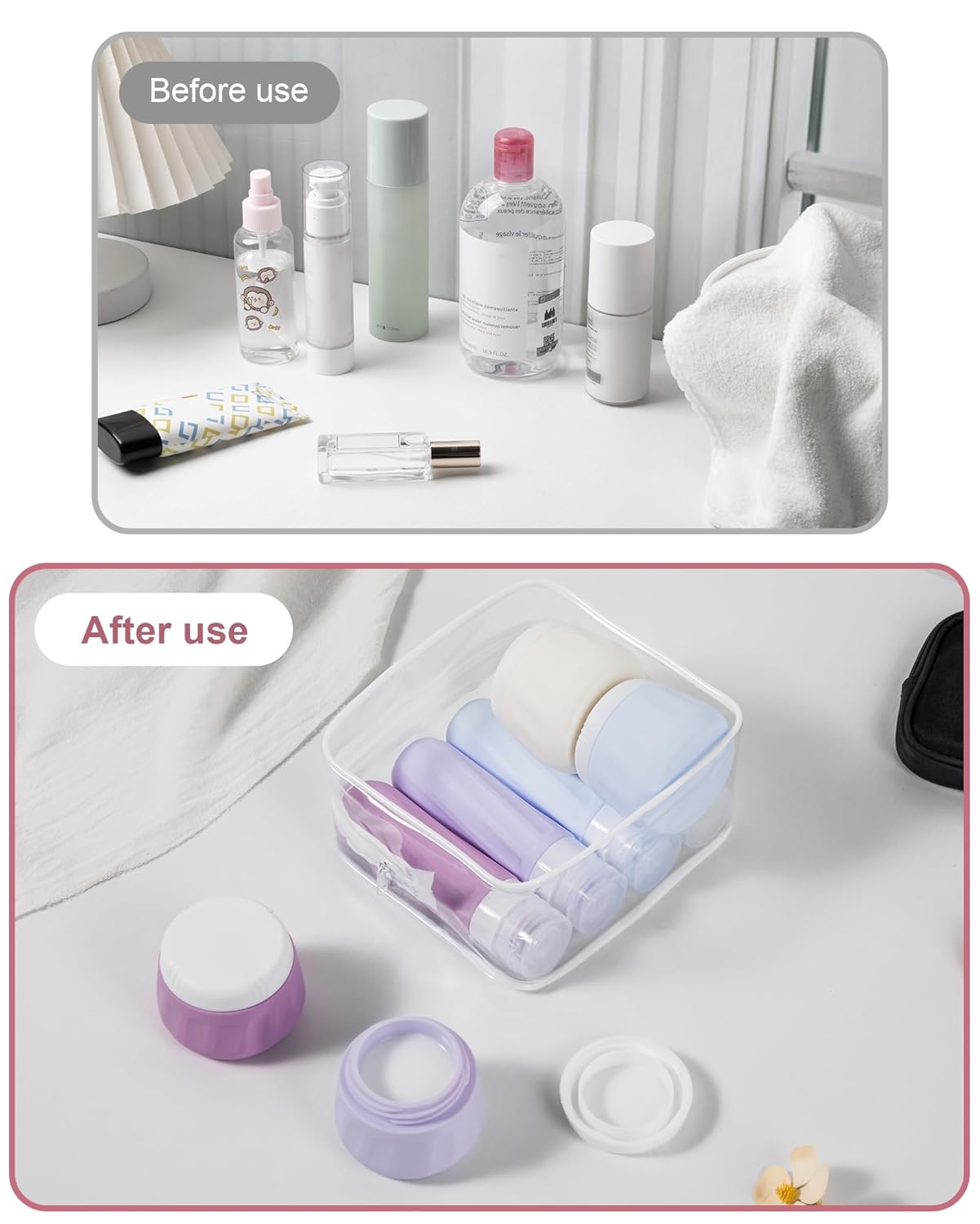 Mrsdry Travel Bottles for Toiletries 8 Pack, Travel Size Toiletries, Tsa Approved Travel Size Containers 3oz, with Travel Essentials Clear Bag, Leak Proof Silicone Squeezable Creams Jars