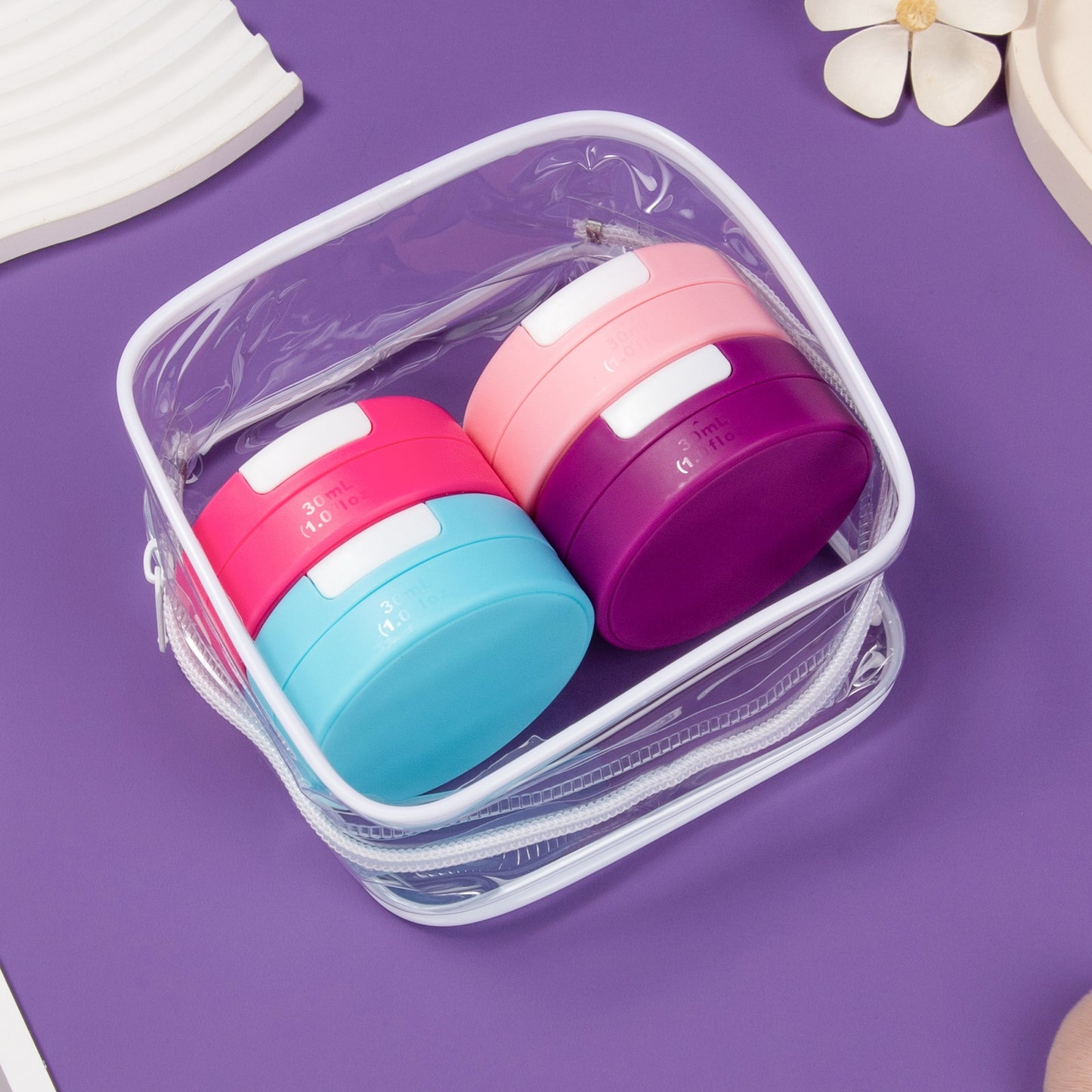 Mrsdry Travel Containers for Toiletries, Silicone Cream Jars TSA Approved Travel Size Containers with Clear Bag, Leak-proof Travel Accessories with Lid for Cosmetic Face Body Hand Cream (4 Pack)