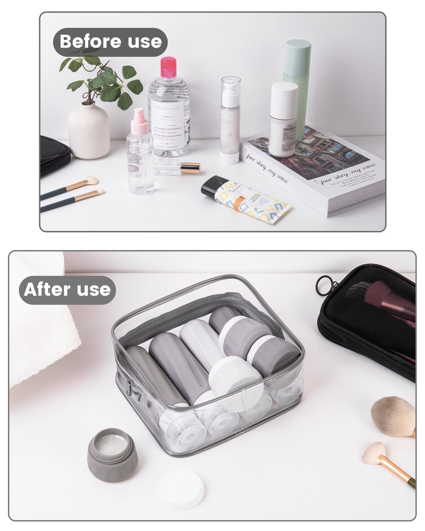 Mrsdry Travel Bottles for Toiletries 8 Pack, Travel Size Toiletries, Tsa Approved Travel Size Containers 3oz, with Travel Essentials Clear Bag, Leak Proof Silicone Squeezable Creams Jars